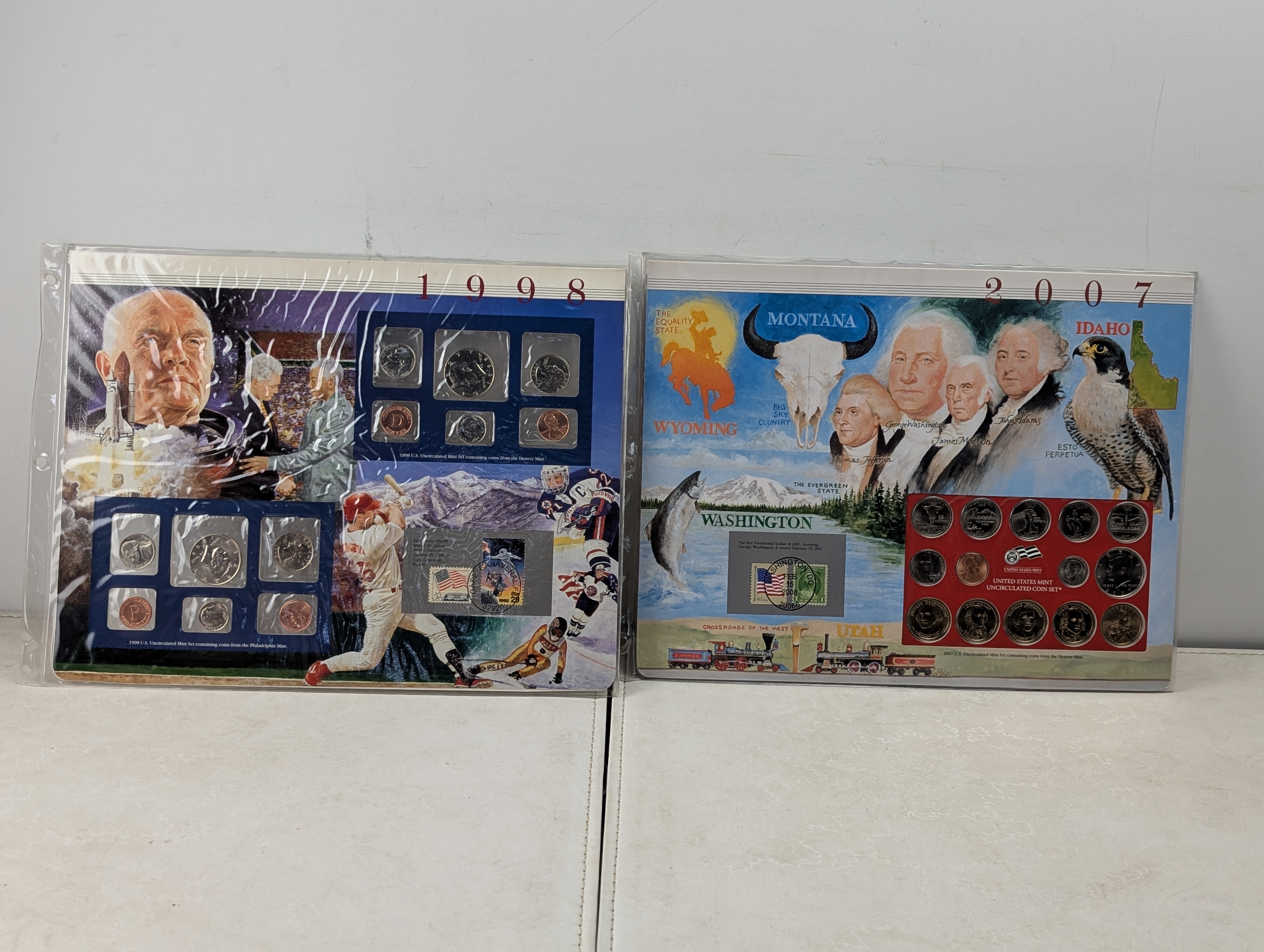 (12) U.S. Uncirculated Mint Sets P&D In Information Display Cards w/ Commemorative Stamps - Includes Some Silver Coins (1965 to 2008), Three
