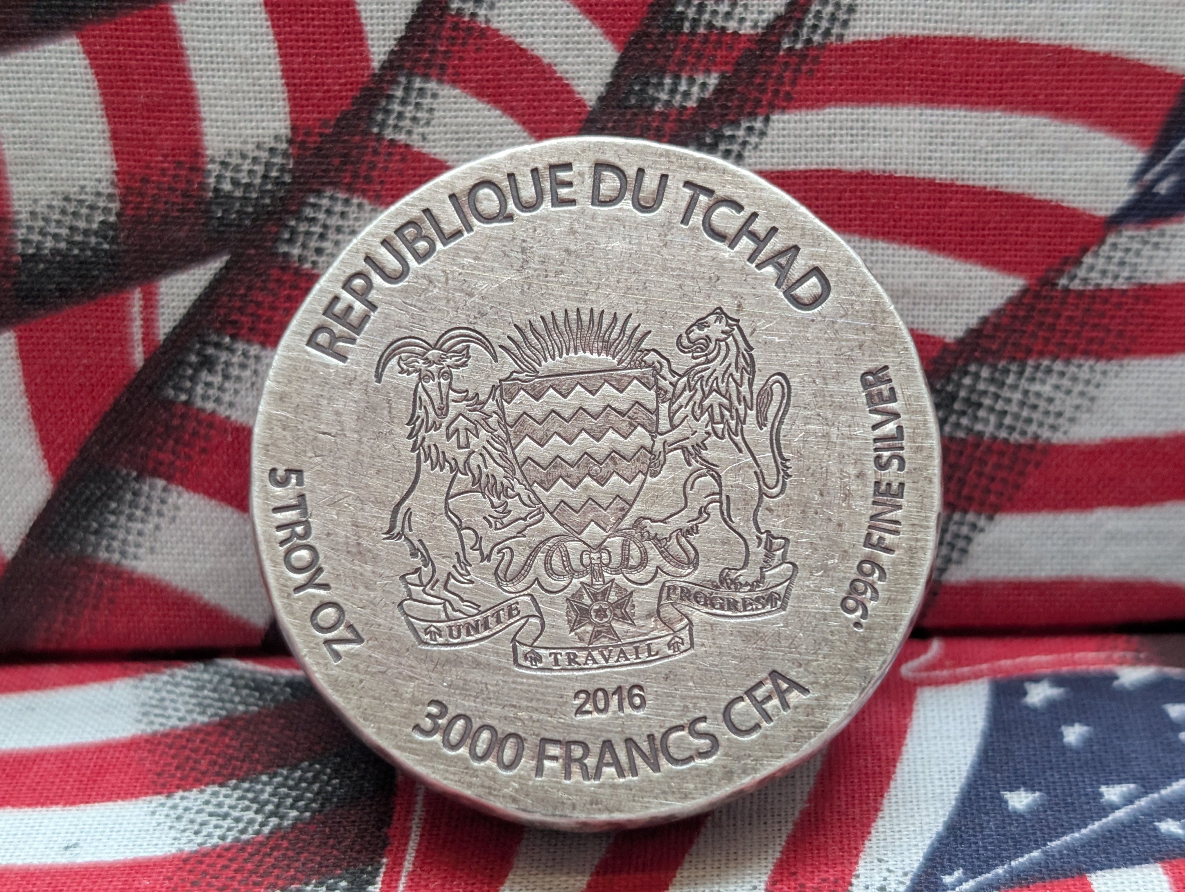 5 Oz. .999 FINE SILVER 2016 Republic of Chad 3000 Francs CFA King Tut Coin in Display Box w/ COA