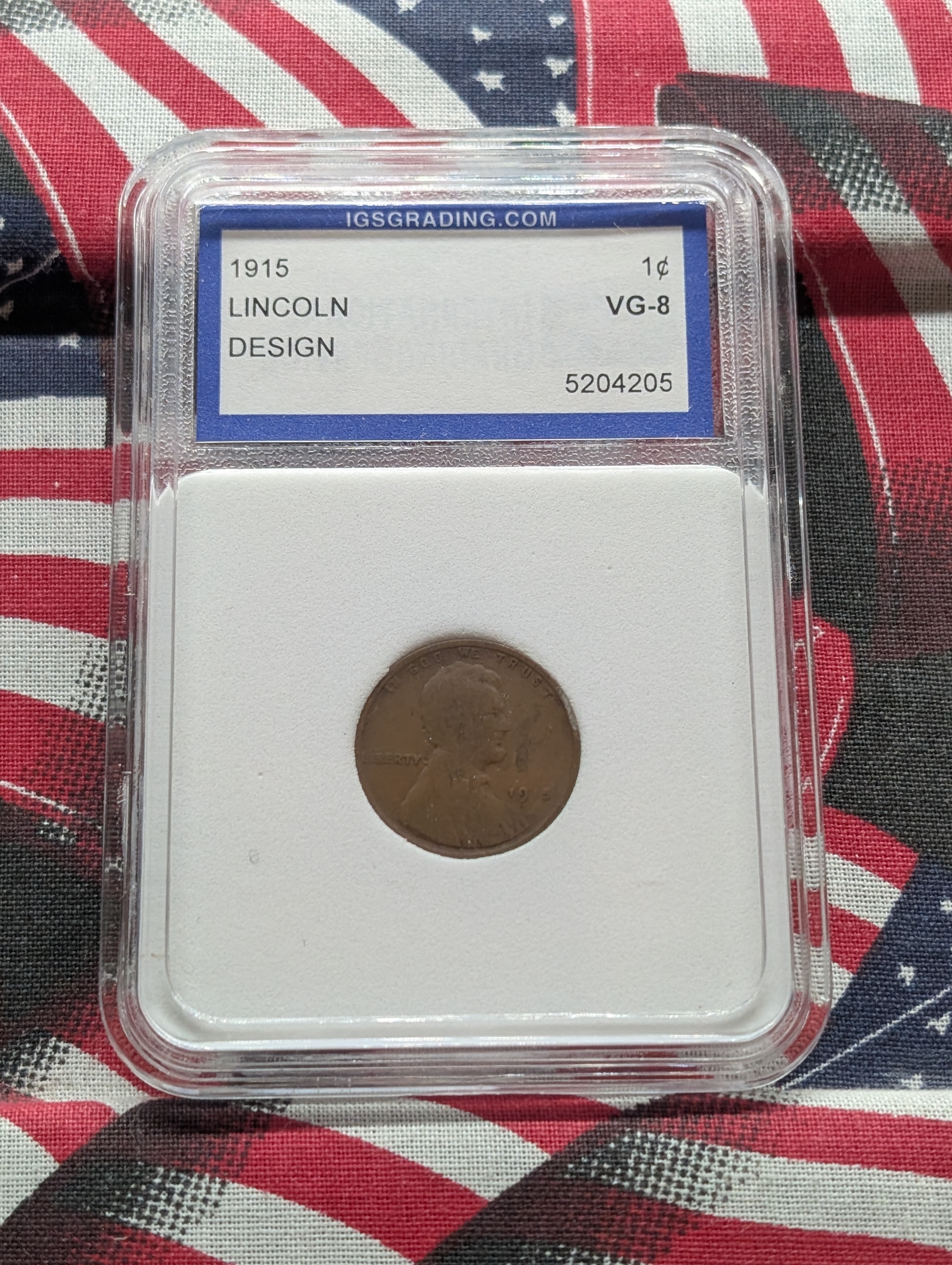 1915-P Lincoln Wheat Cent - IGS Grading Cert. VG-8