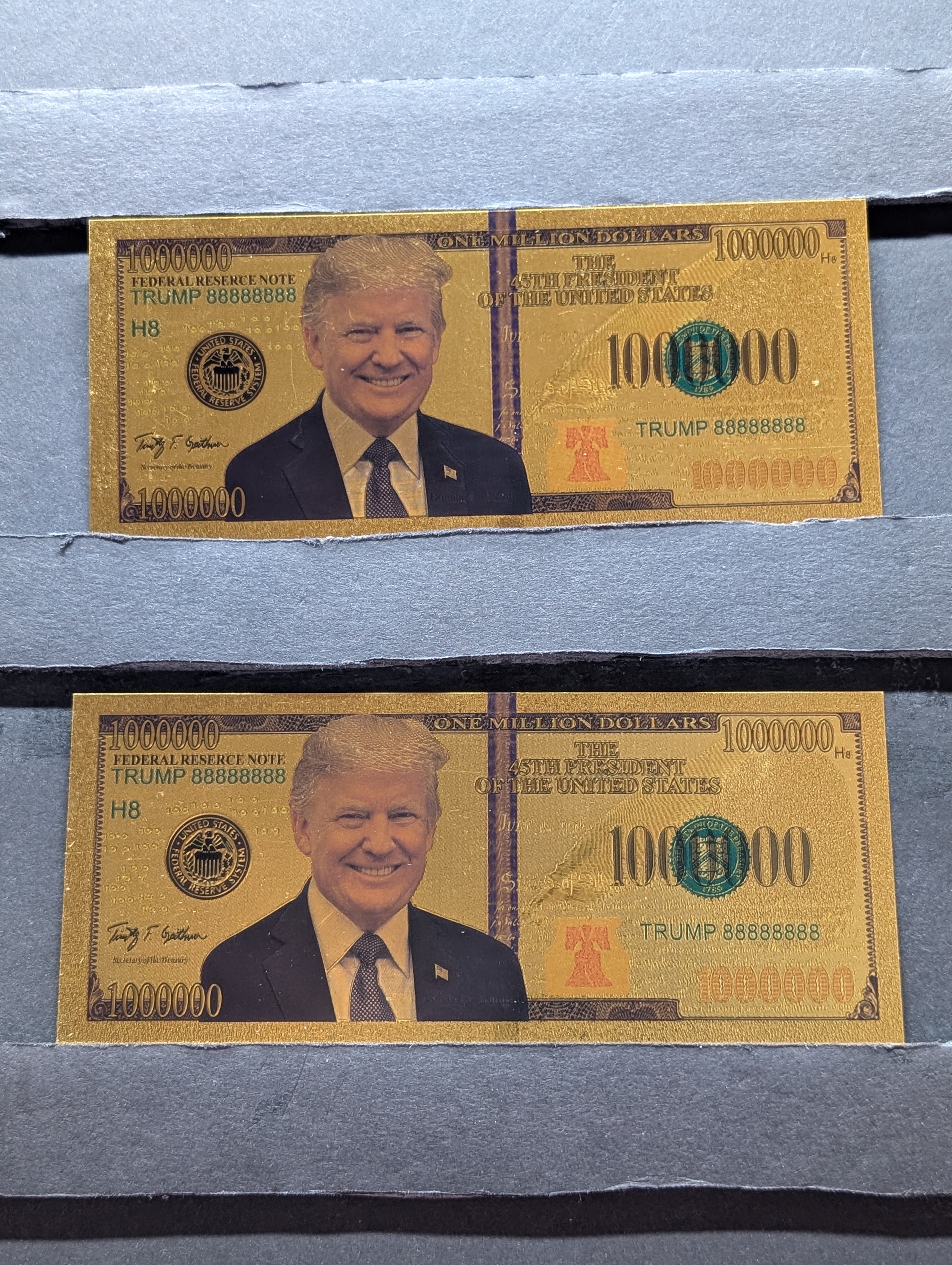 (2) Gold (LAYERED) $1,000,000 Donald Trump Fantasy Note