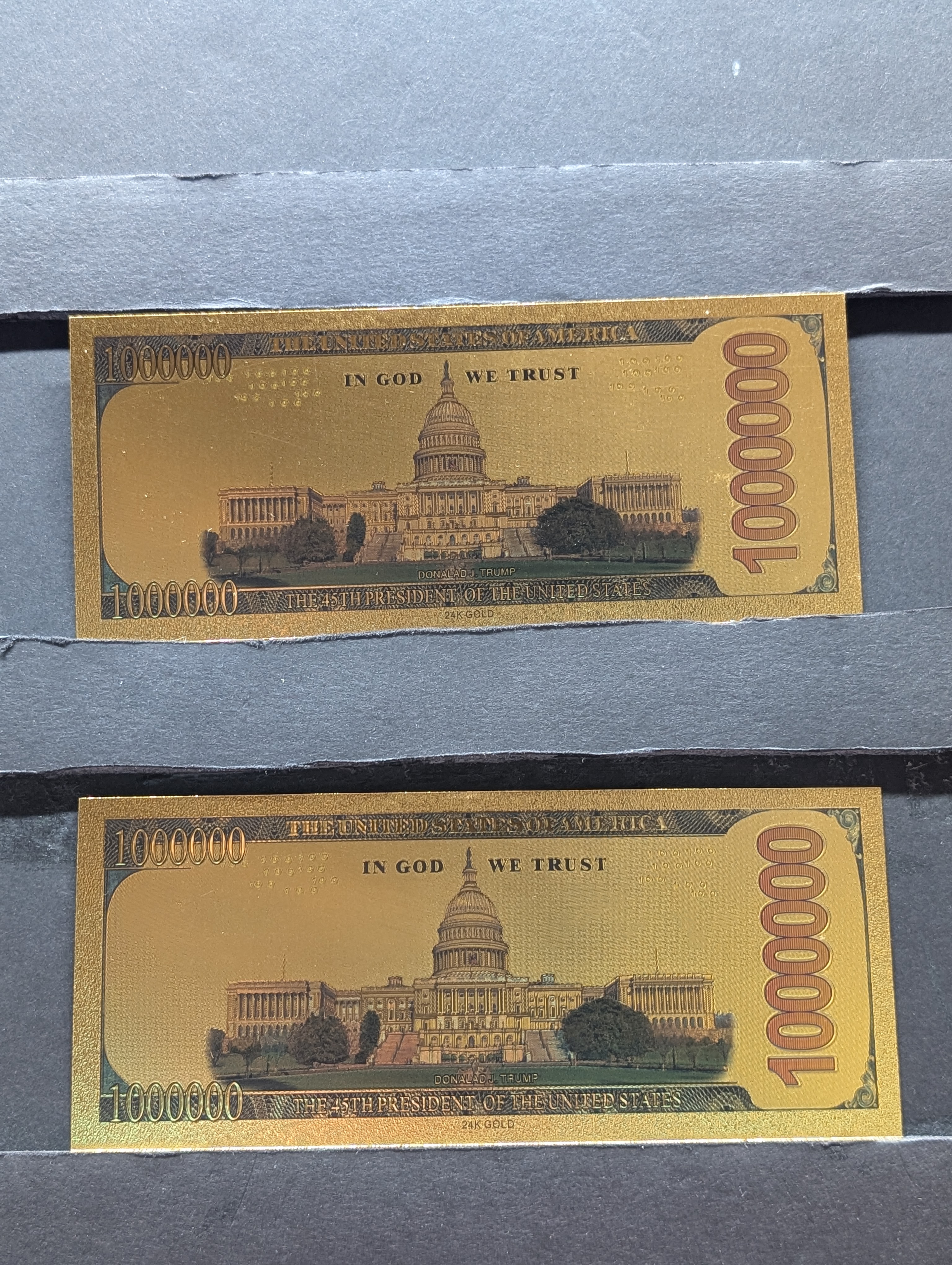 (2) Gold (LAYERED) $1,000,000 Donald Trump Fantasy Note