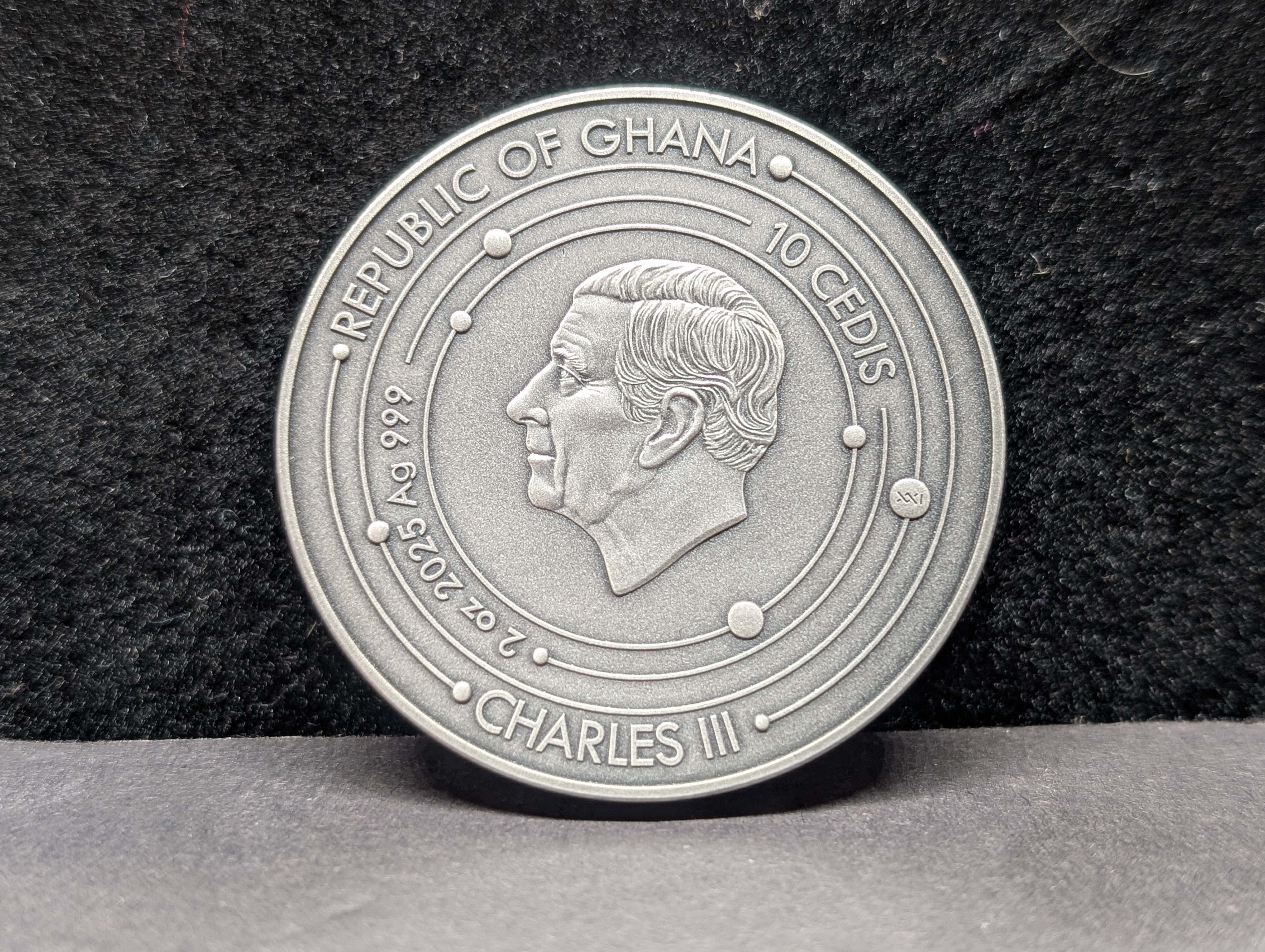 Limited Edition HIGH RELIEF Antique Finish Solar System 2 Oz. .999 FINE SILVER 2025 Republic of Ghana 10 Cedis Saturn (Ancient Scythe) Coin