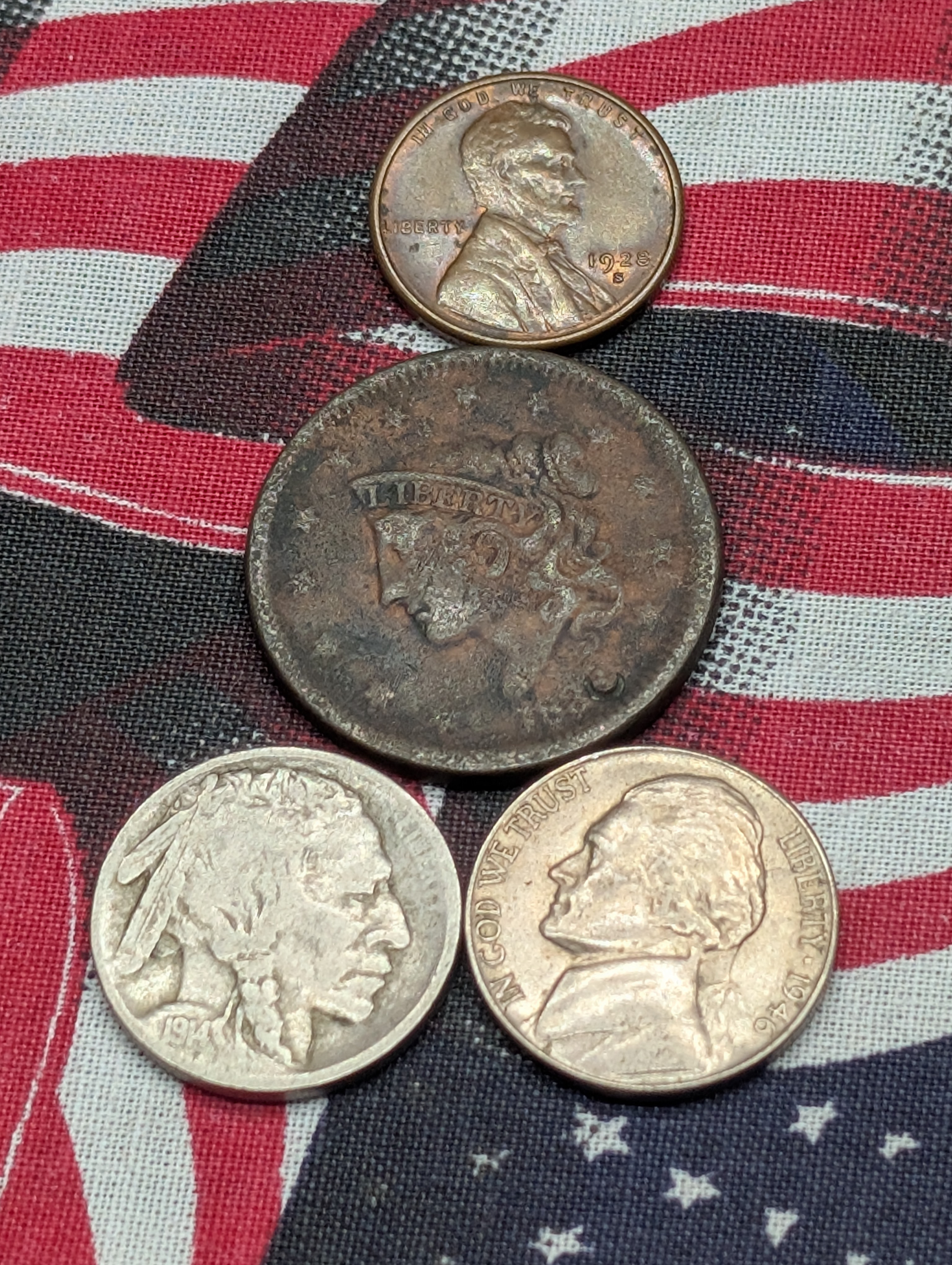 No Date Braided Hair Large Cent, 1914-S Indian Head Buffalo Nickel, 1928-S Lincoln Wheat Cent, & 1946-P Jefferson Nickel