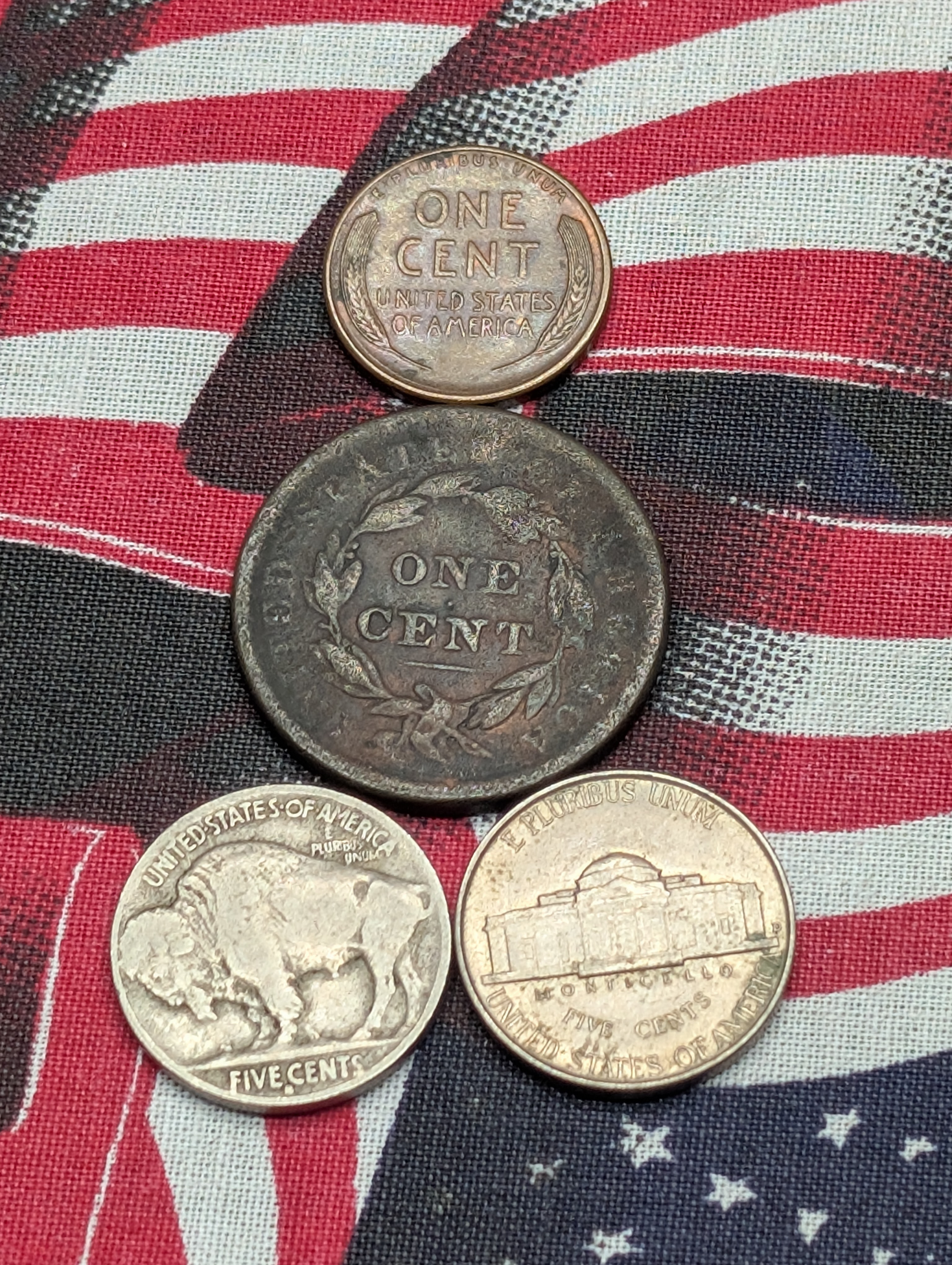 No Date Braided Hair Large Cent, 1914-S Indian Head Buffalo Nickel, 1928-S Lincoln Wheat Cent, & 1946-P Jefferson Nickel