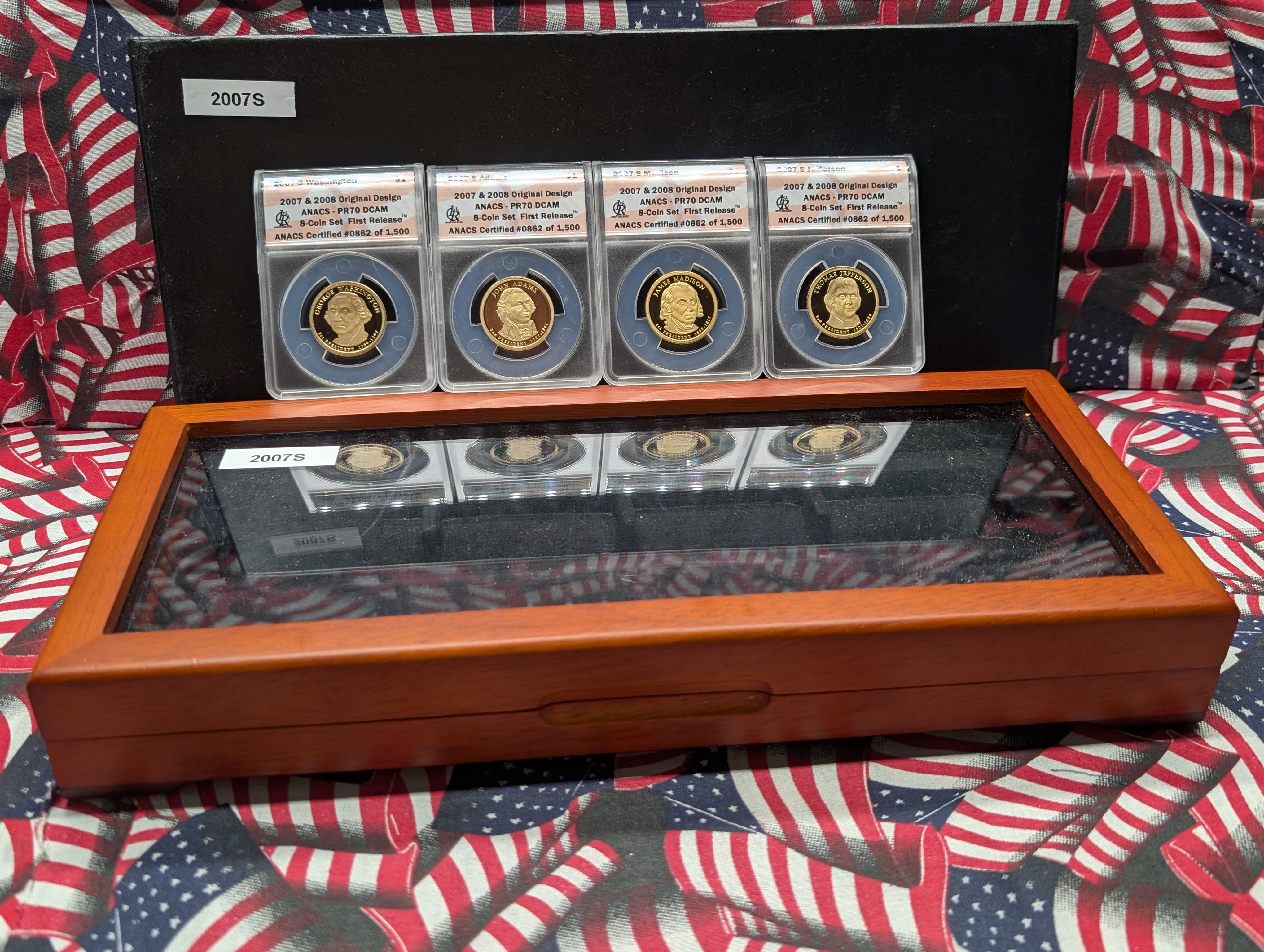 (4) 2007-S PROOF Presidential Dollars - All ANACS Cert. PR70 DCAM - First Release w/ Original Design (Washington, Adams, Jefferson & Madison