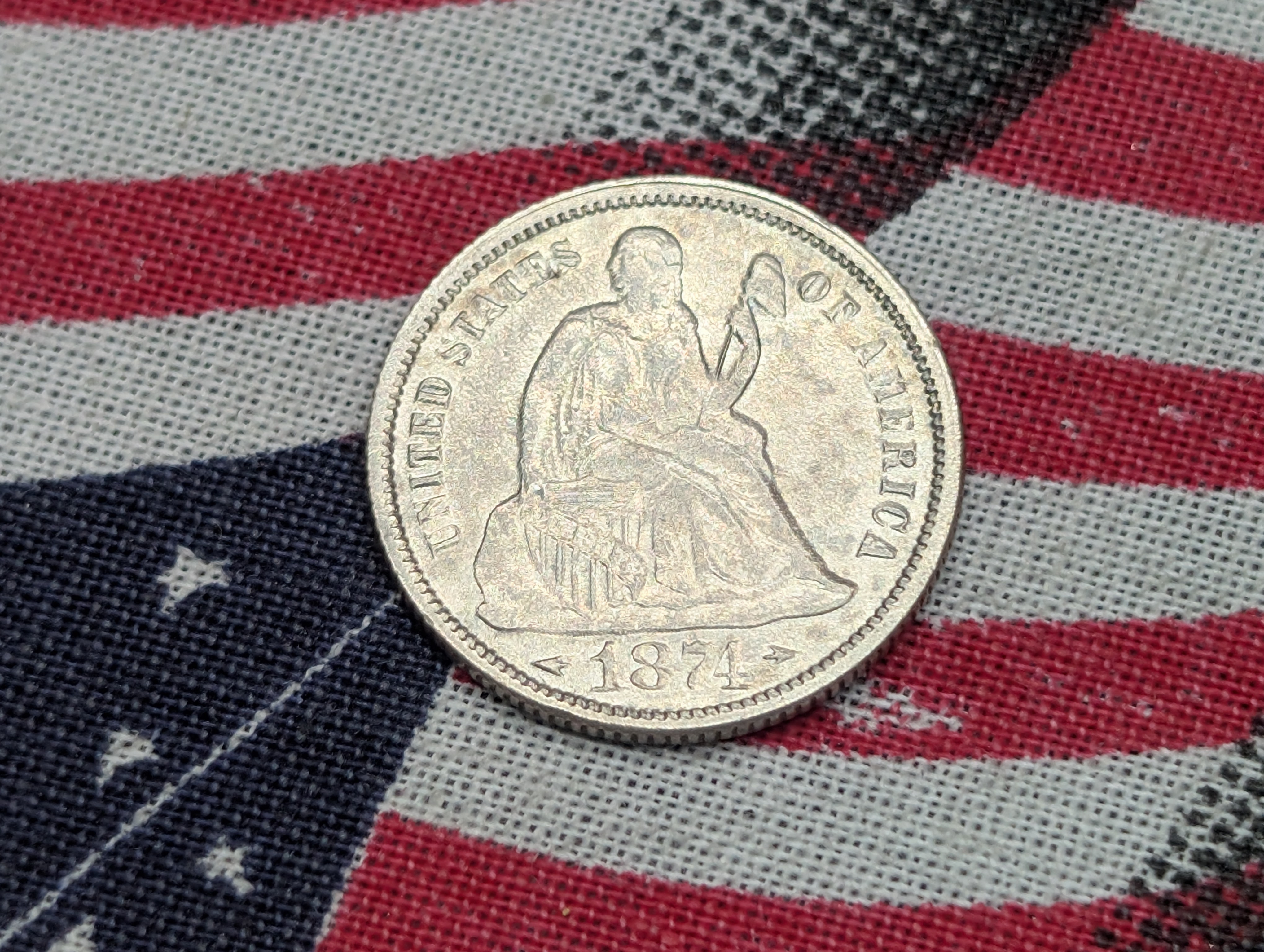 1874 Seated Liberty 90% Silver Dime