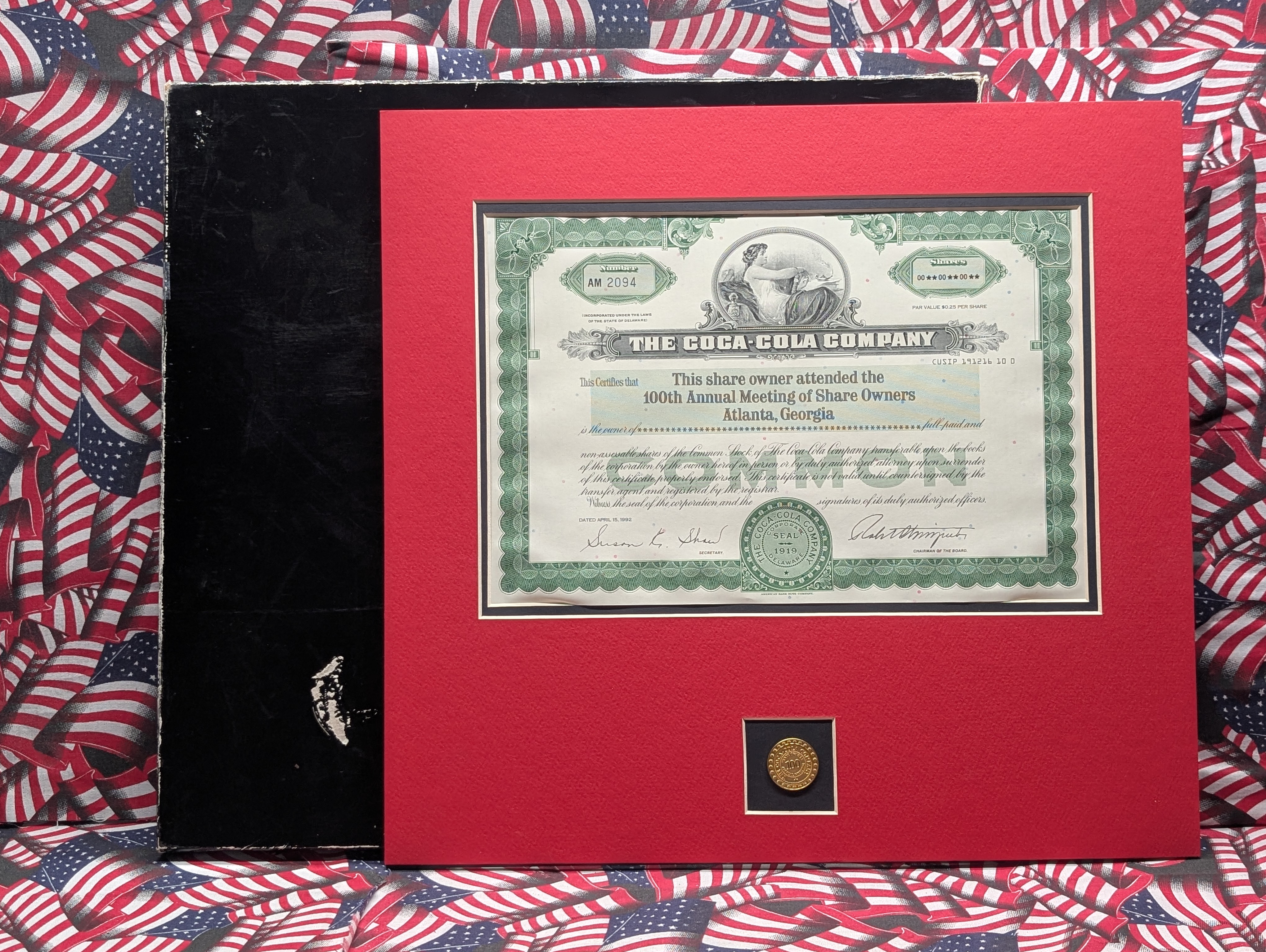 The Coca-Cola Company 100th Annual Share Holders Meeting - 1992 Gold (LAYERED) Commemorative Token & Certificate in Display w/ COA from the