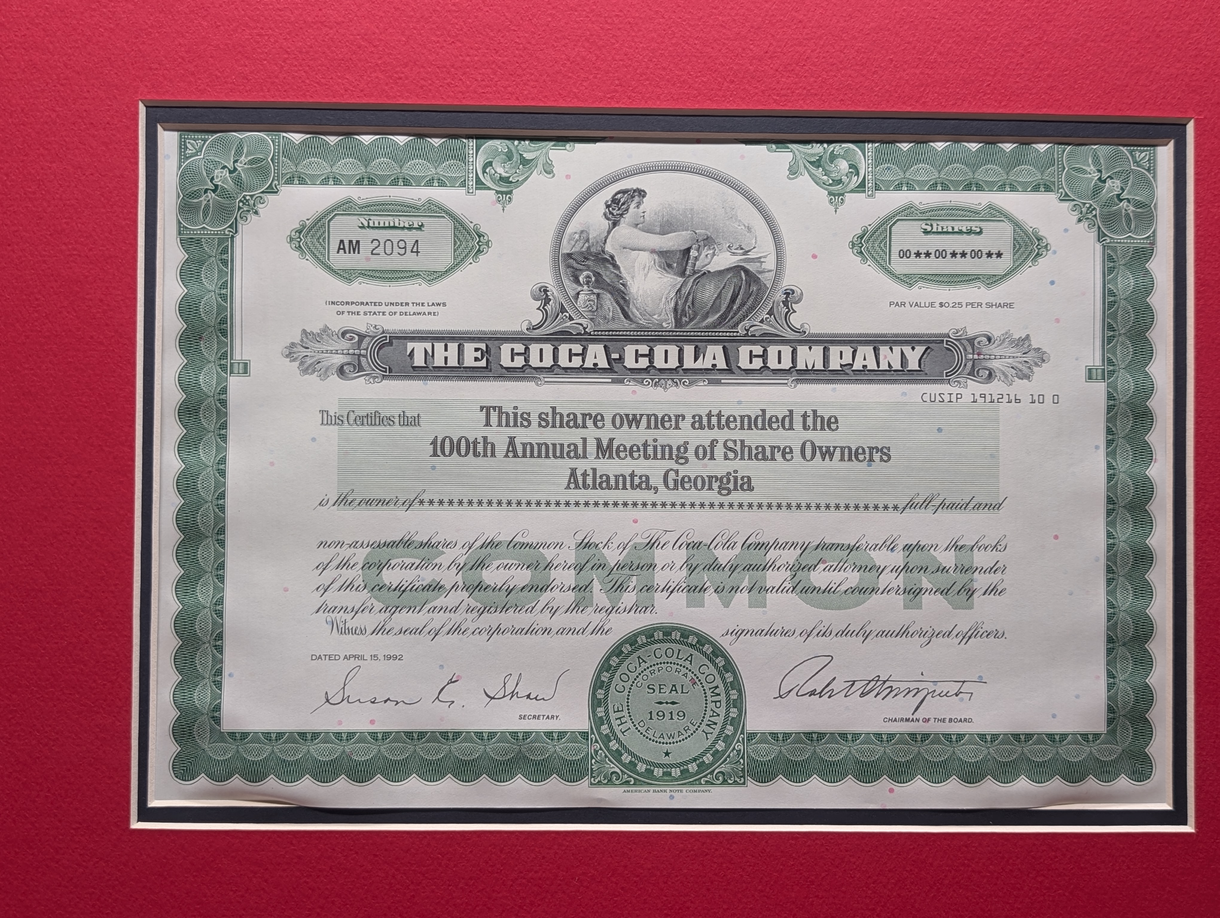 The Coca-Cola Company 100th Annual Share Holders Meeting - 1992 Gold (LAYERED) Commemorative Token & Certificate in Display w/ COA from the