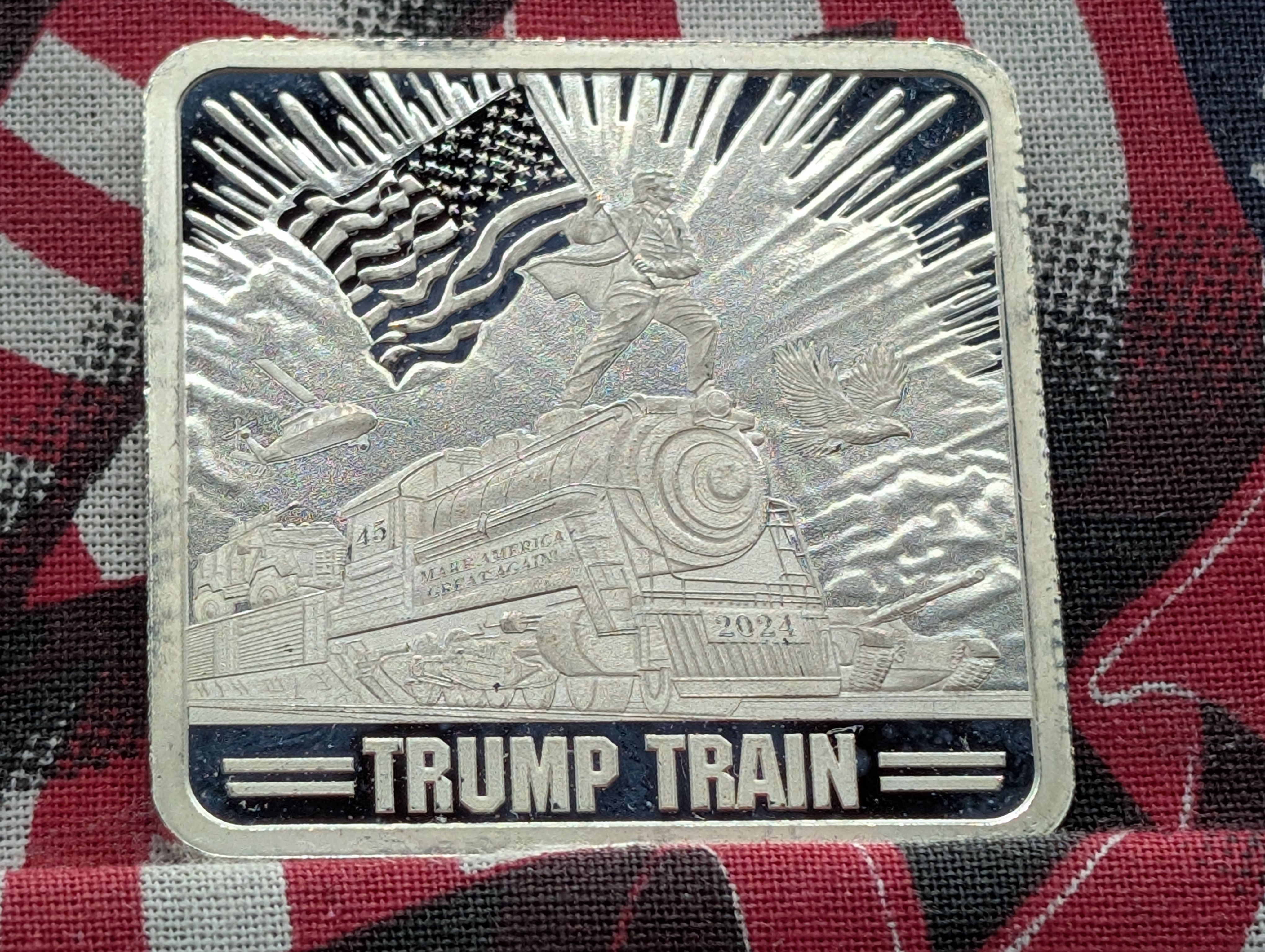 1 Oz. .999 FINE SILVER Trump Train Designed Art Bar