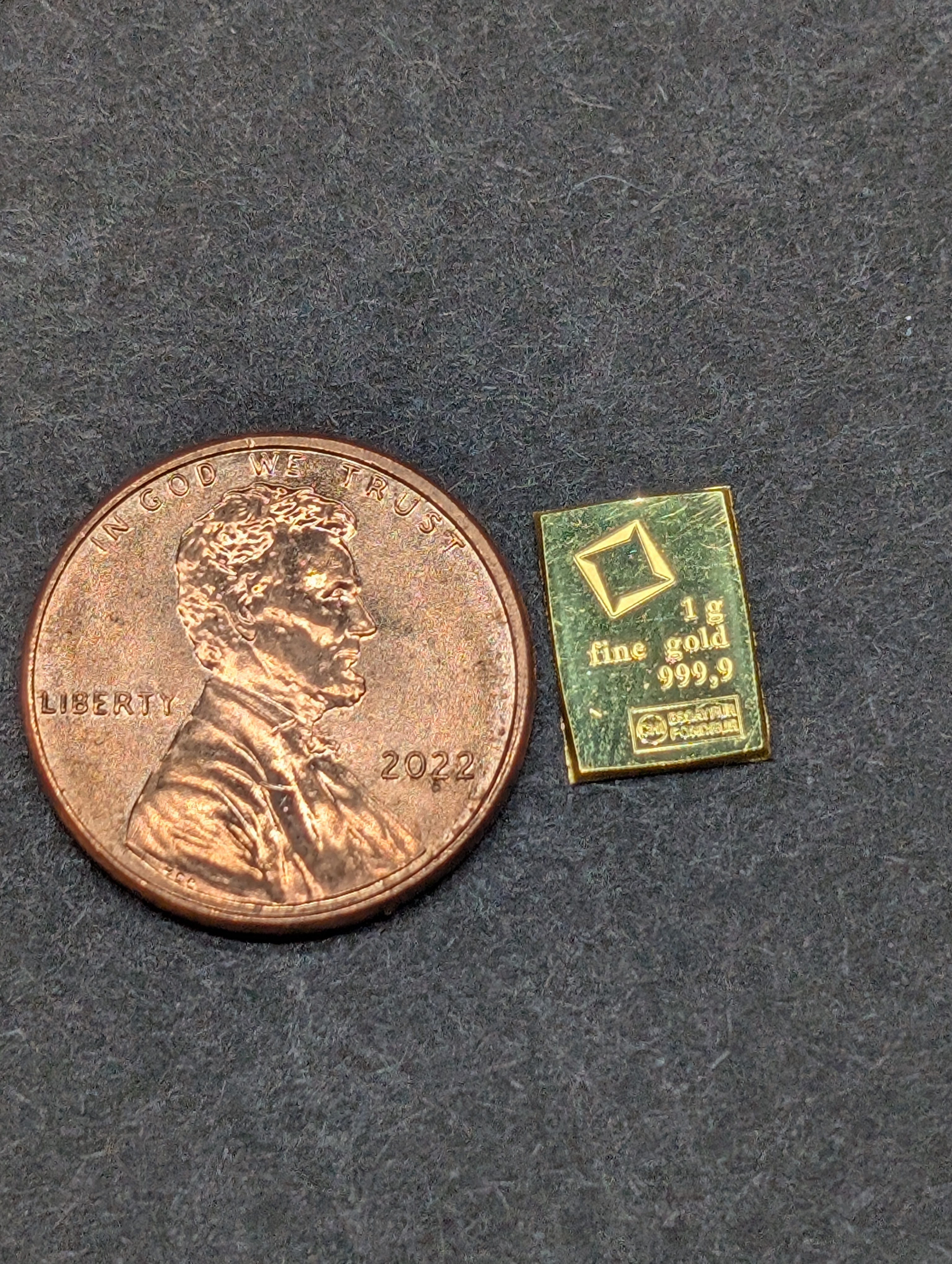 1 Gram .9999 FINE GOLD Miniature Bullion Bar, (Penny is for Size Comparison)