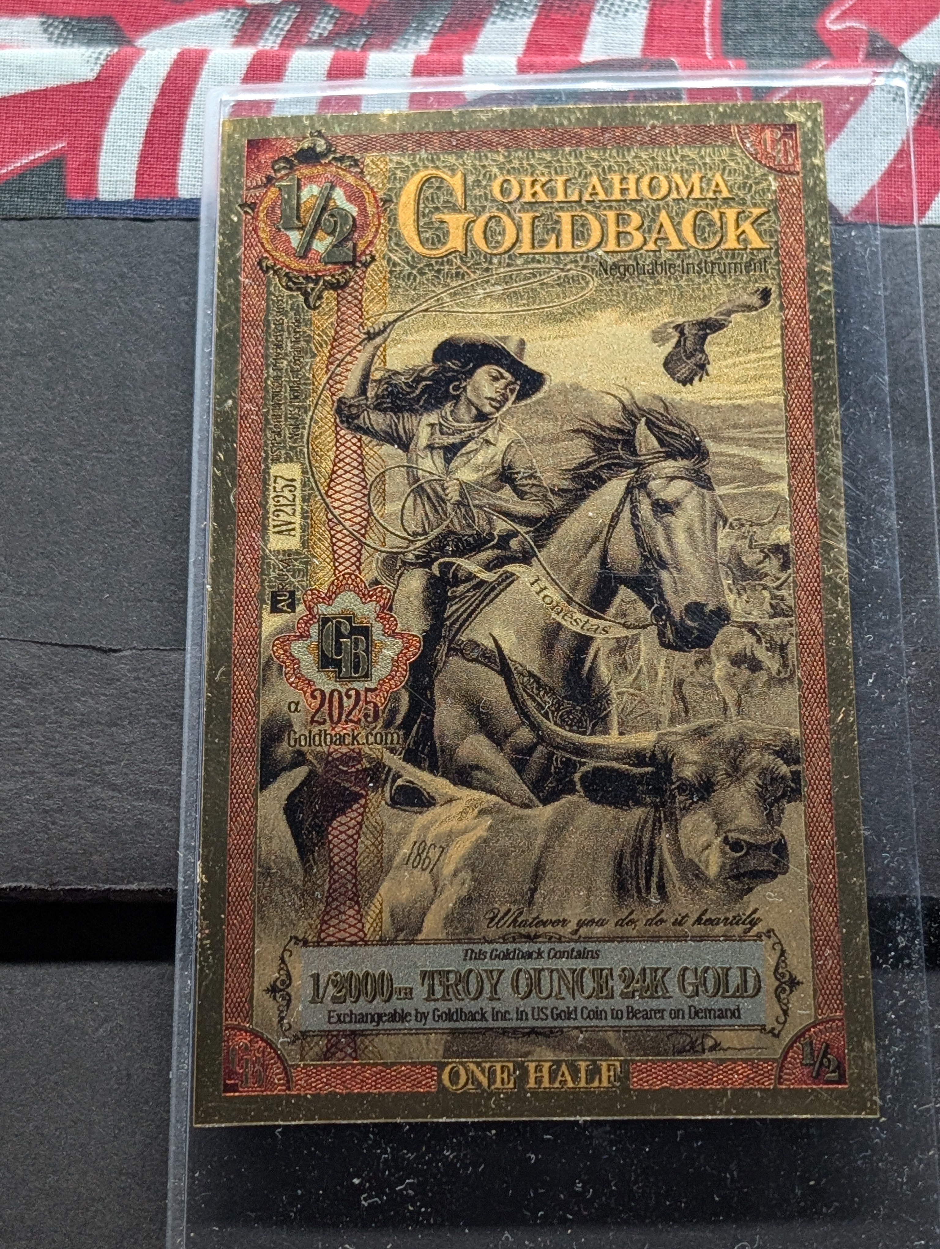 1/2000th Troy Oz. 24k GOLD 2025 Oklahoma 1/2 Dollar Goldback
