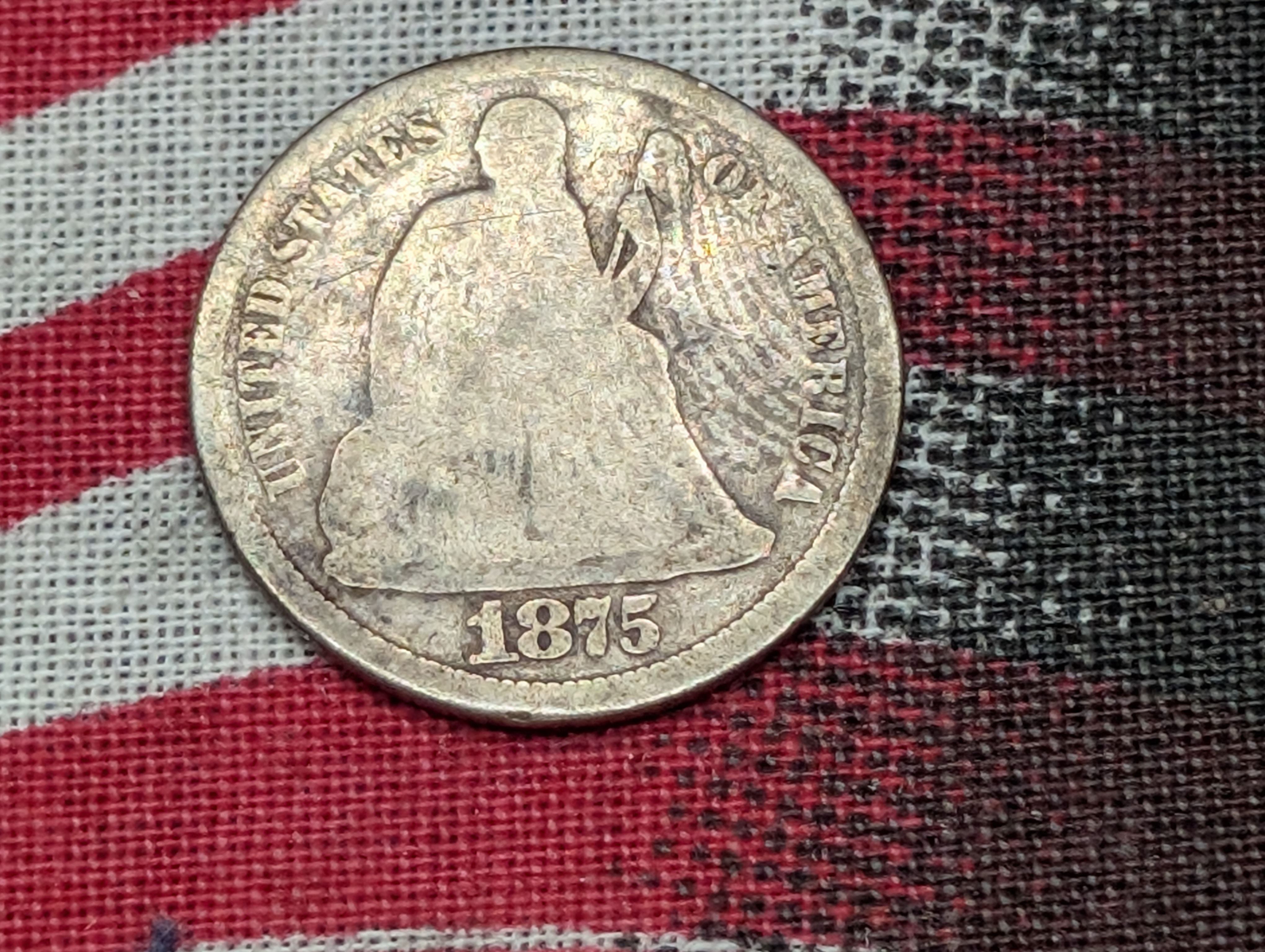 1875 w/ Legend Seated Liberty 90% Silver Dime