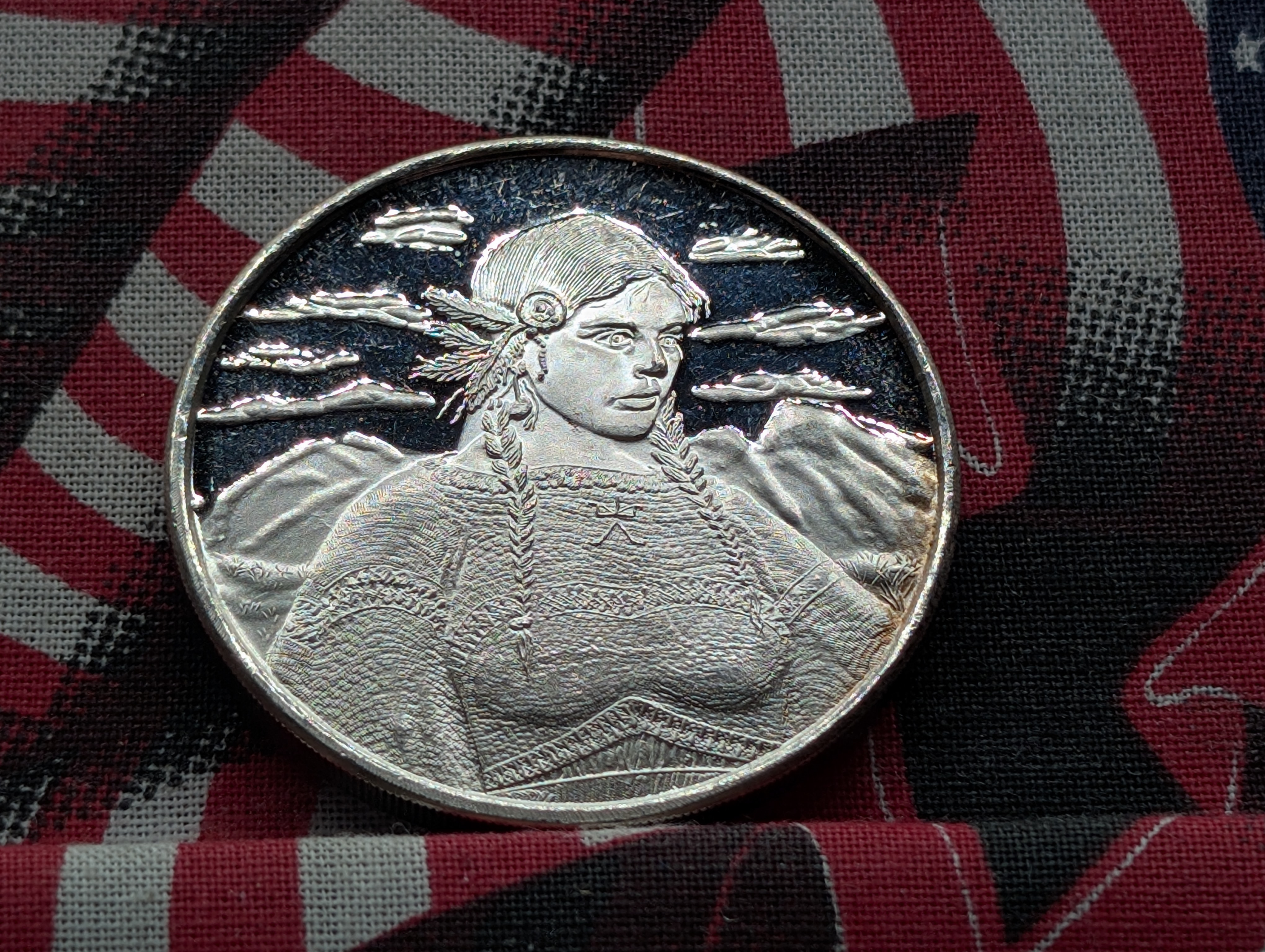 1 Oz. .999 FINE SILVER Female Indian in The Mountains Designed Round