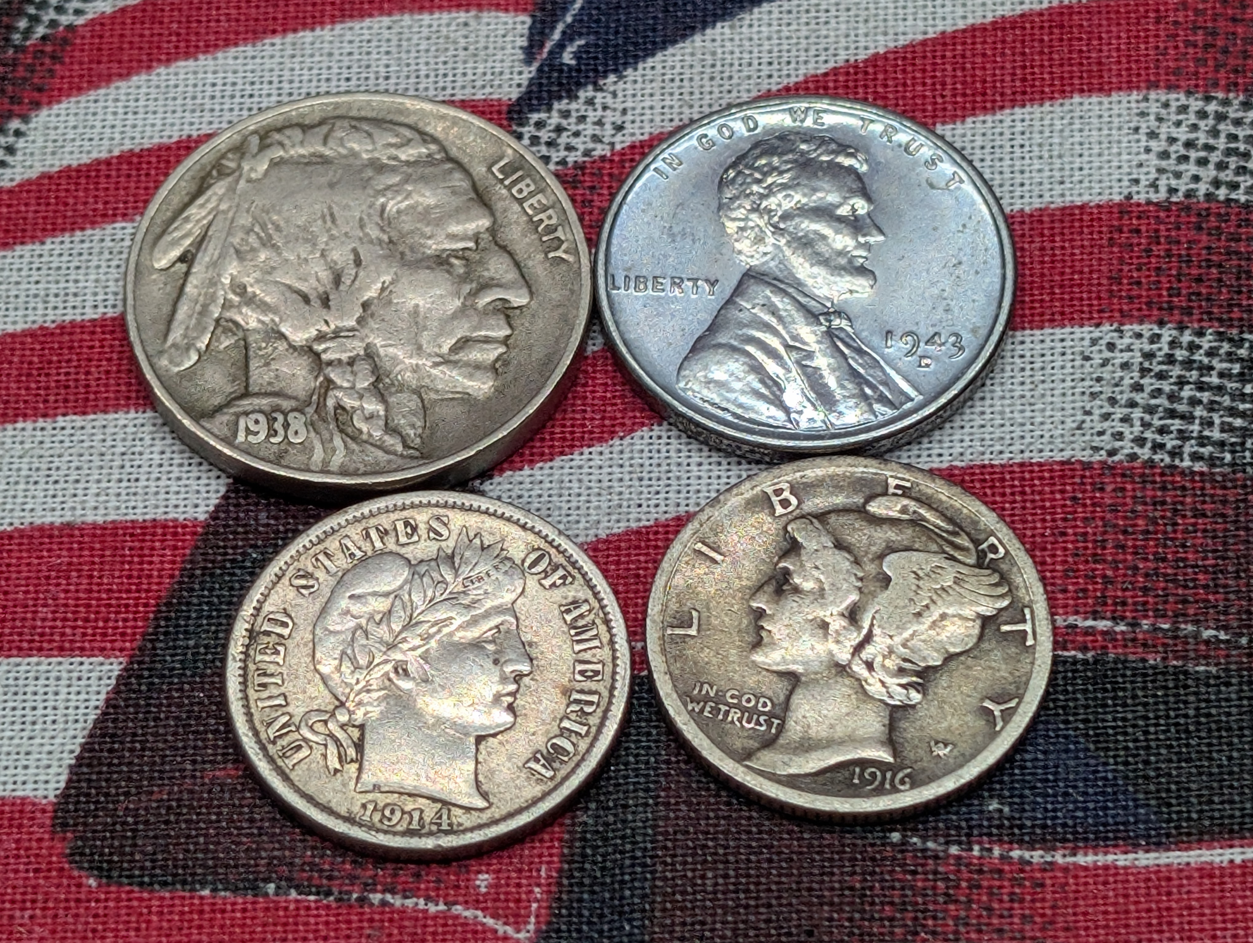 1914-D 90% Silver Barber Dime, 1916-S Mercury 90% Silver Dime, 1938-D Indian Head Buffalo Nickel, & 1943-D Lincoln Steel Wheat Cent