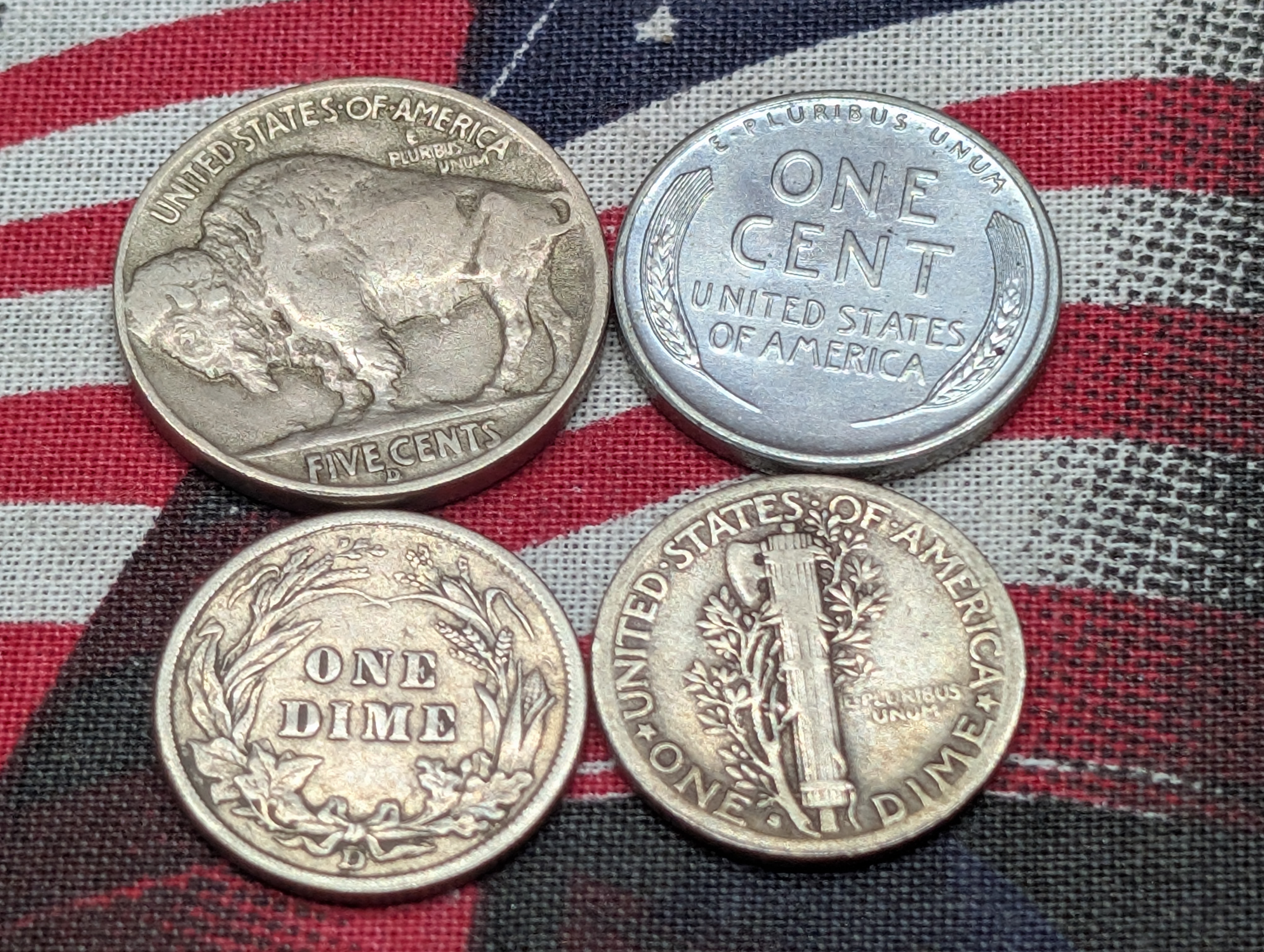 1914-D 90% Silver Barber Dime, 1916-S Mercury 90% Silver Dime, 1938-D Indian Head Buffalo Nickel, & 1943-D Lincoln Steel Wheat Cent
