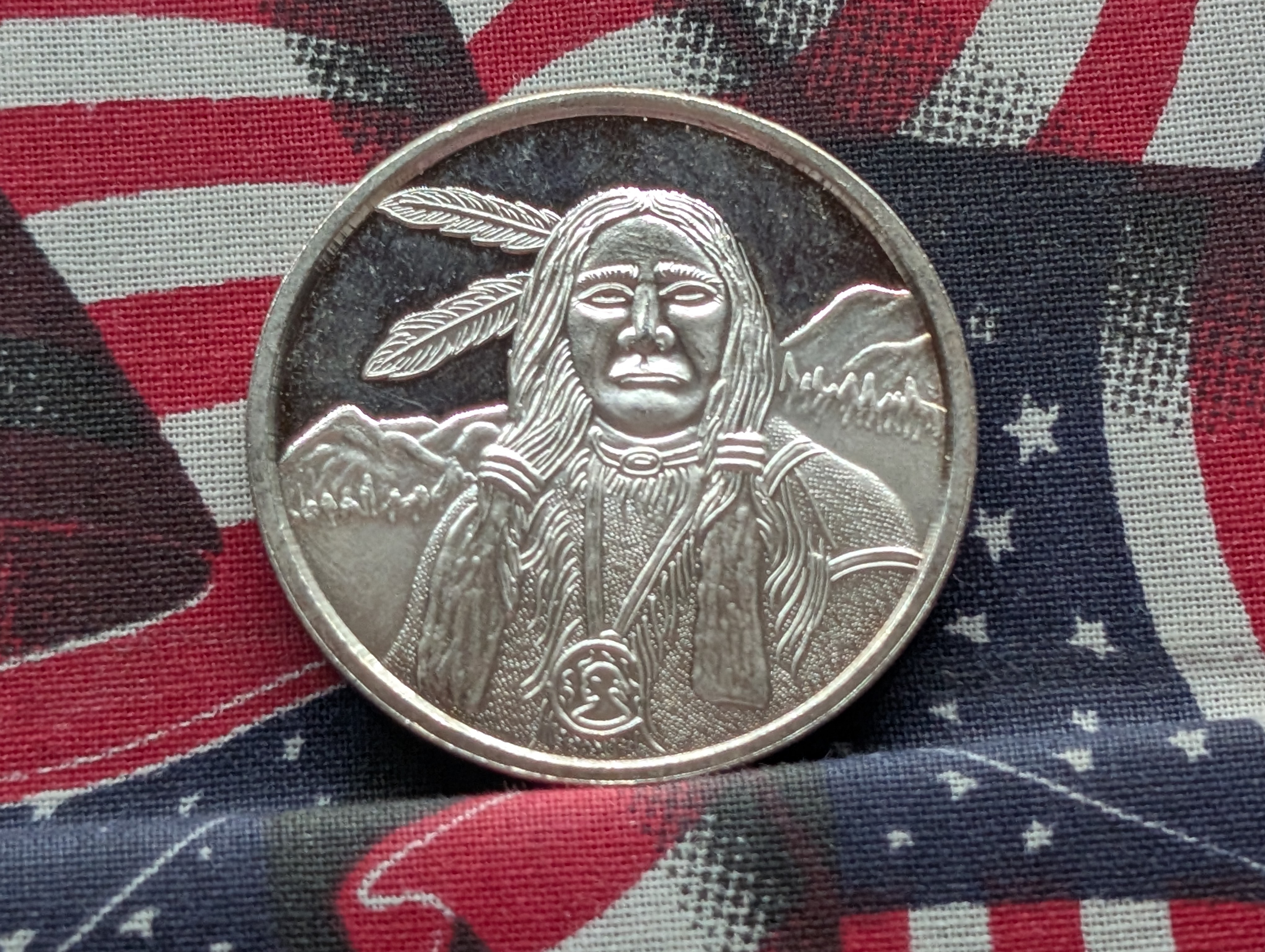 1 Oz. .999 FINE SILVER Male Indian in The Mountains Designed Round