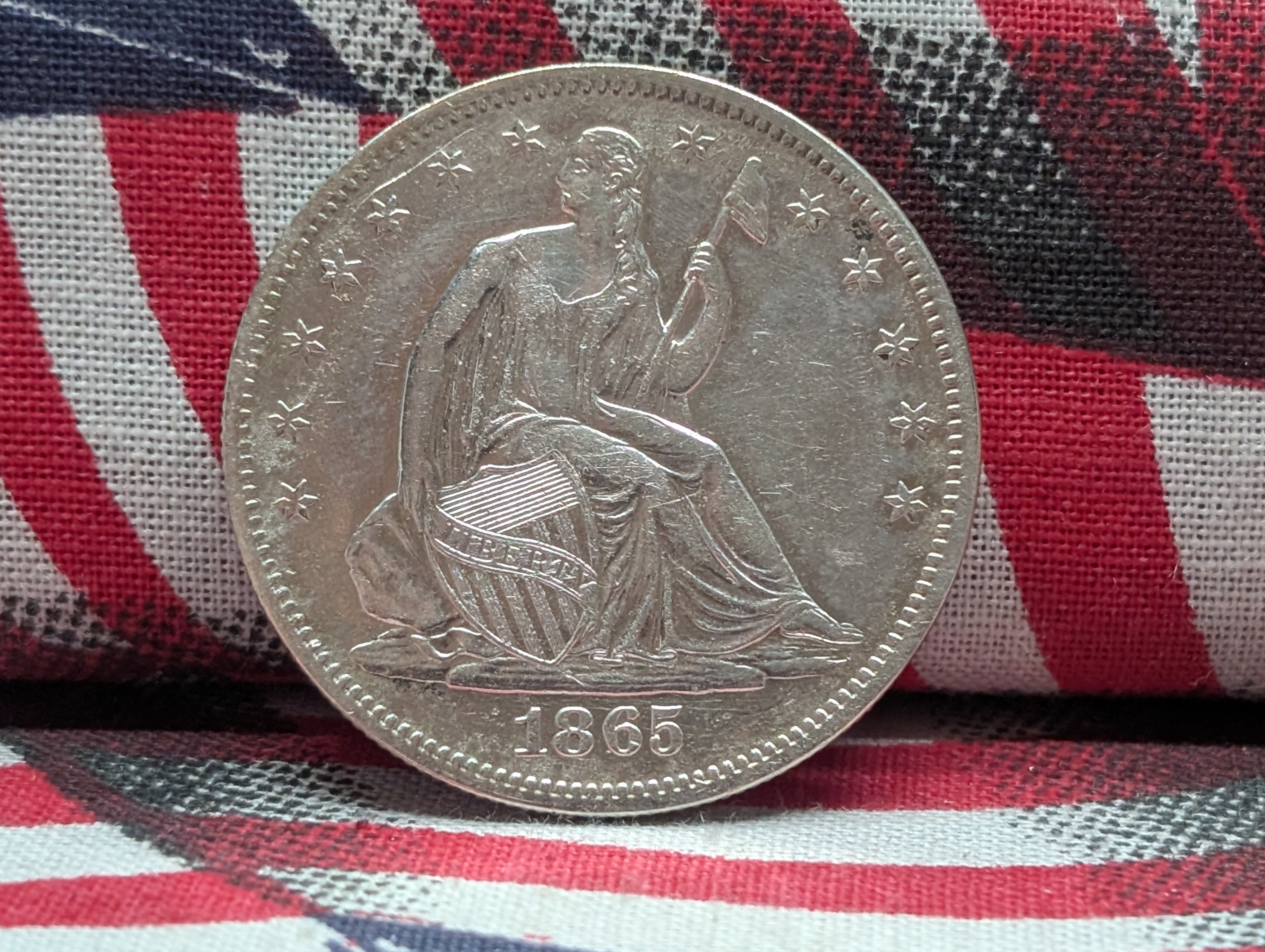 1865 w/ Drapery Seated Liberty 90% Silver Half Dollar