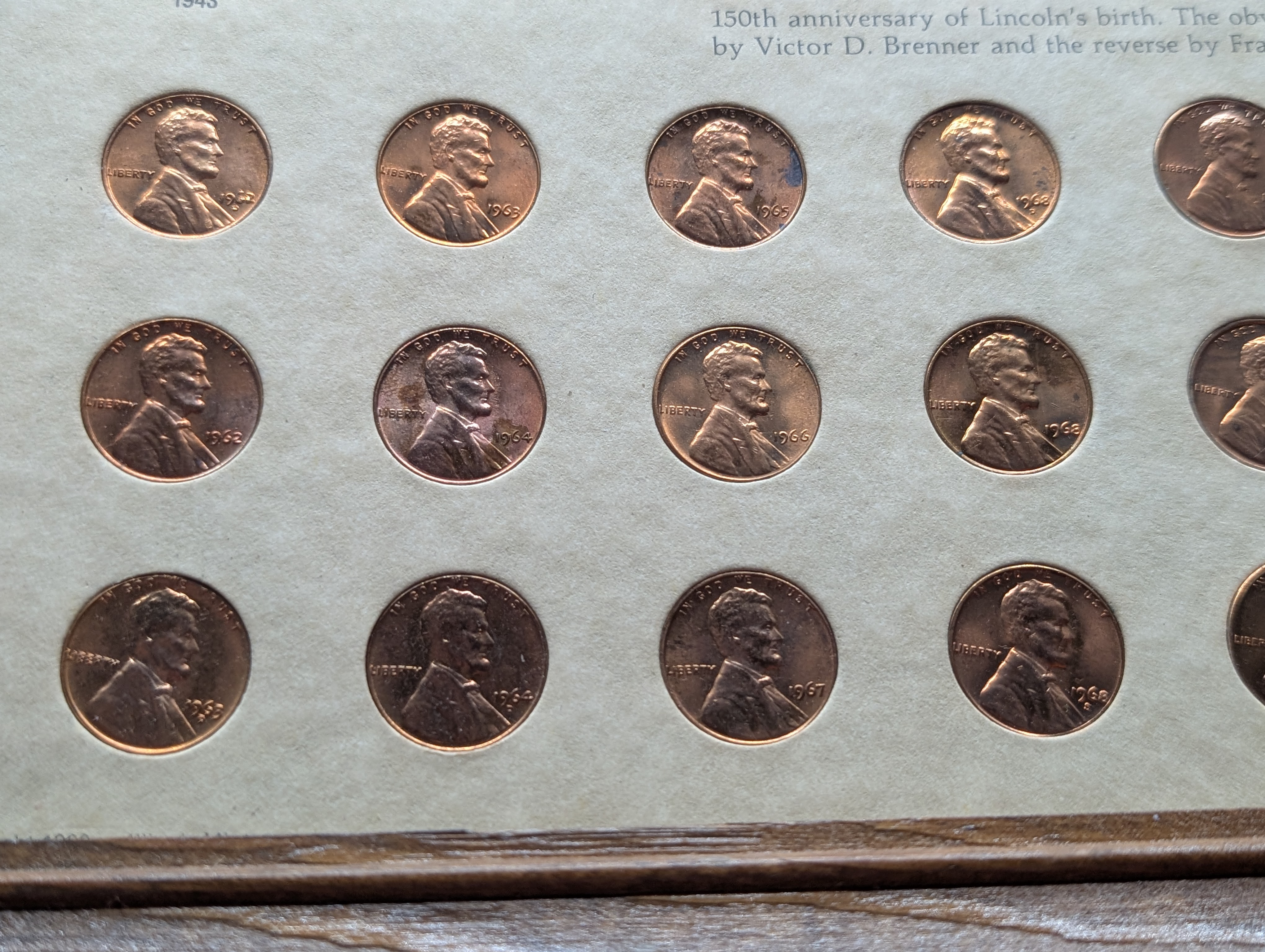Abraham Lincoln Memorial Cent Collection in Display Frame - Various Dates
