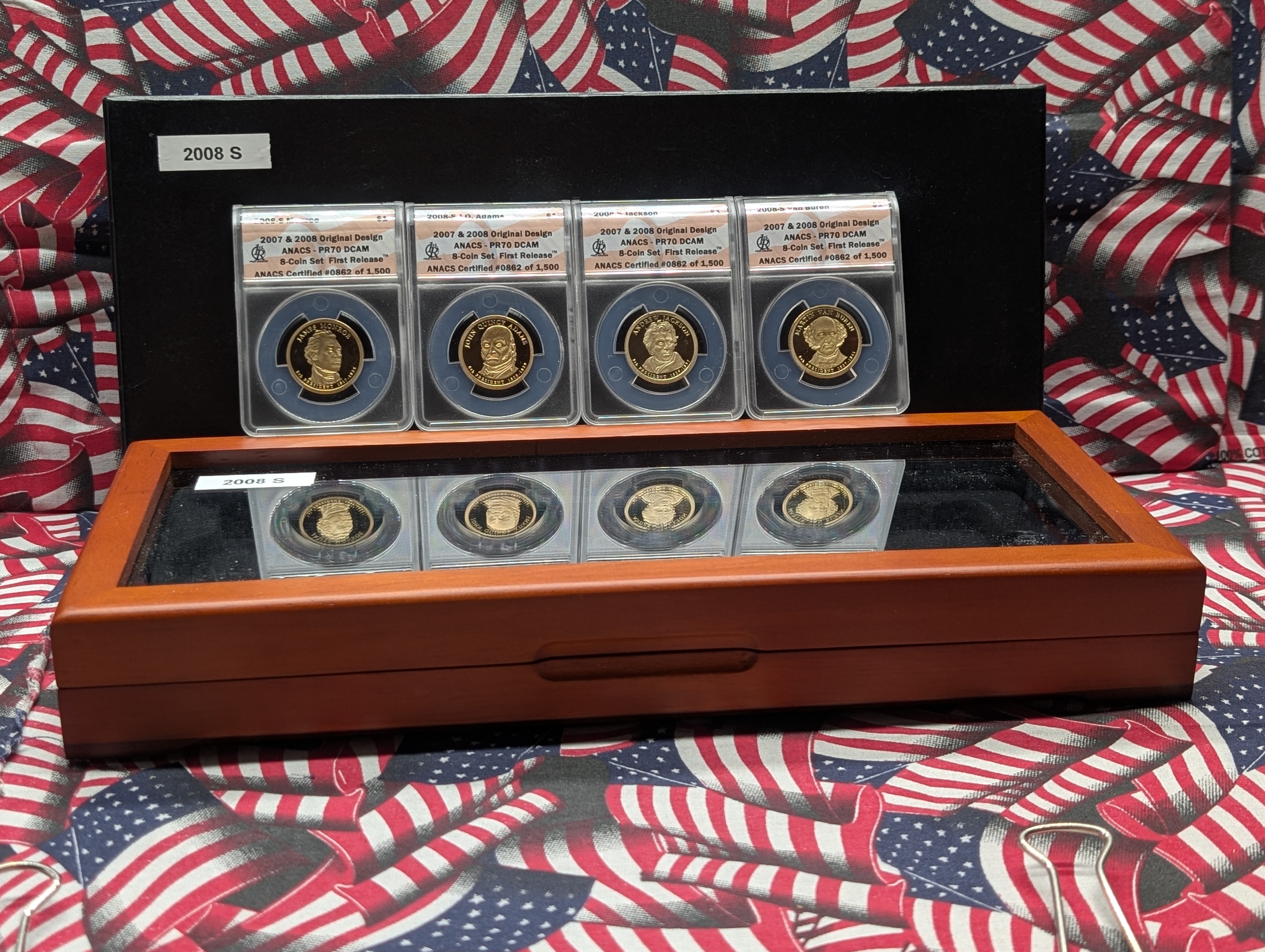 (4) 2008-S PROOF Presidential Dollars - All ANACS Cert. PR70 DCAM - First Release w/ Original Design (Monroe, J.Q. Adams, Jackson & Van Bure