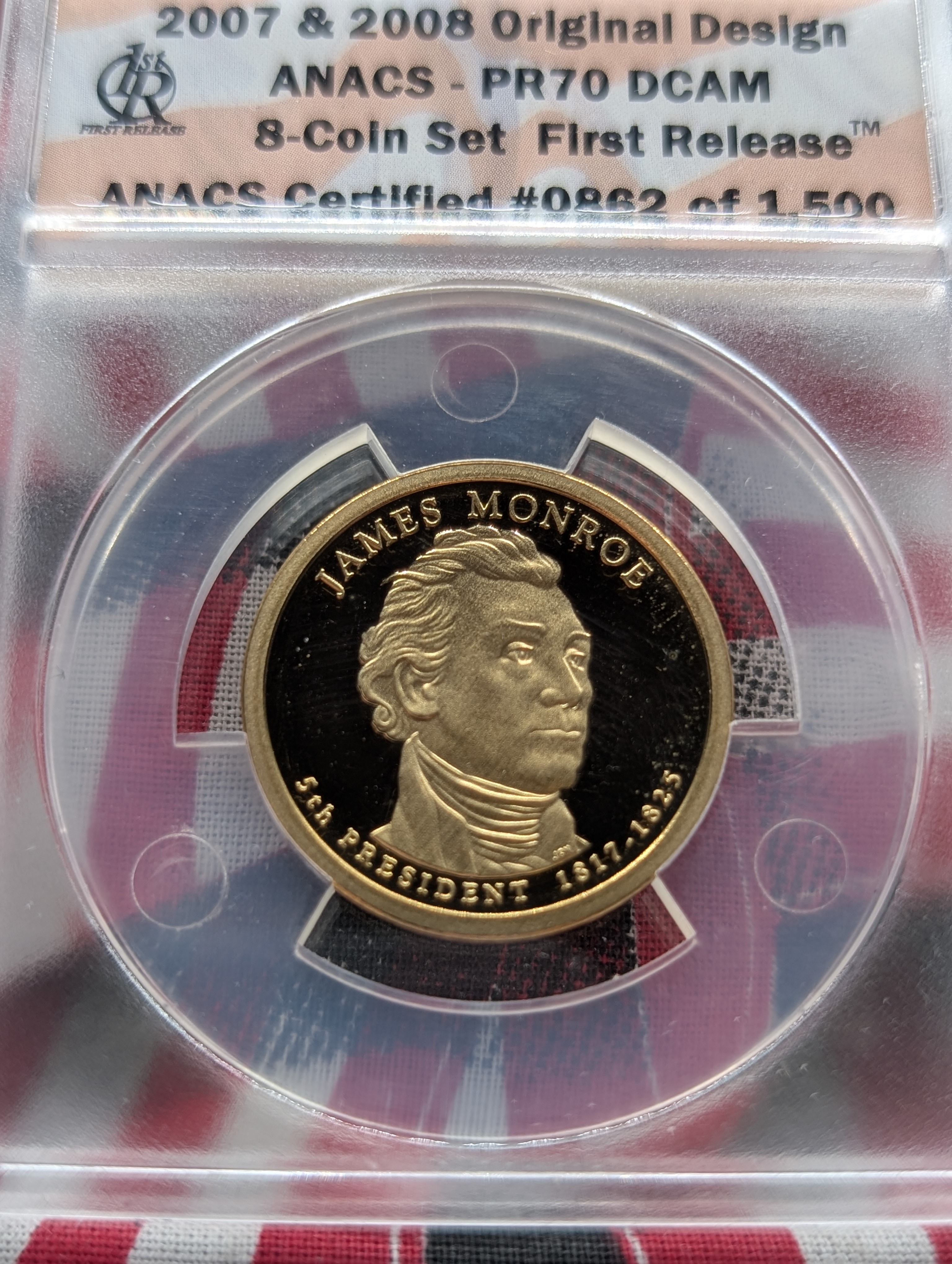 (4) 2008-S PROOF Presidential Dollars - All ANACS Cert. PR70 DCAM - First Release w/ Original Design (Monroe, J.Q. Adams, Jackson & Van Bure