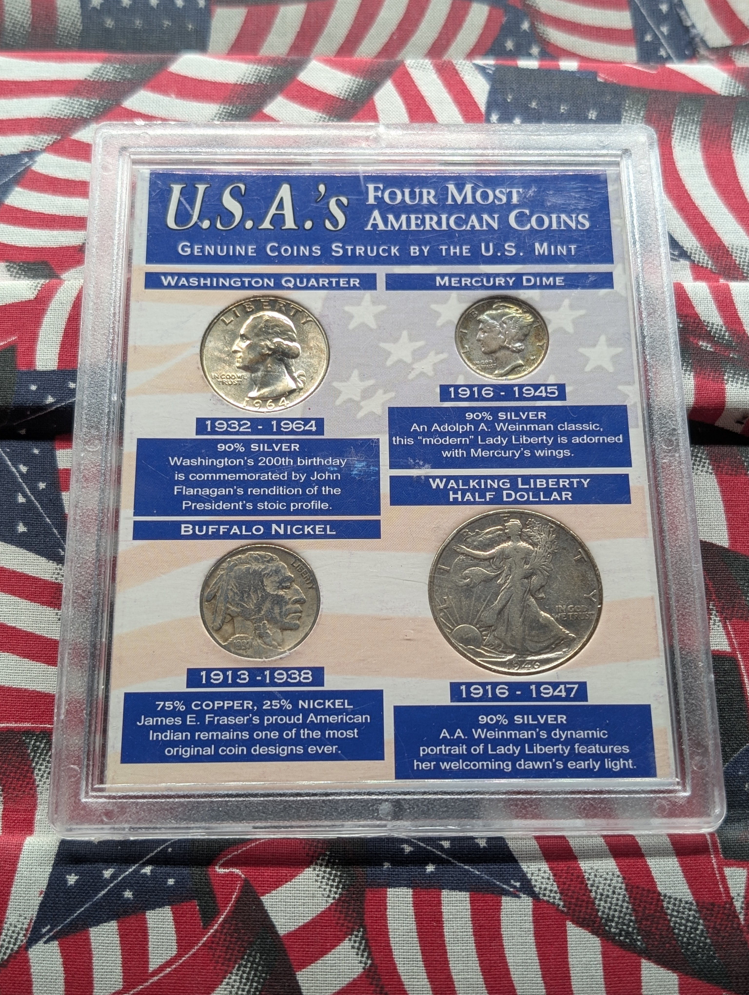 U.S.A.'s Four Most American Coins in Display - 1964-D Washington Silver Quarter, 1937-D Buffalo Nickel, 1943-D Mercury Silver Dime & 1946-S