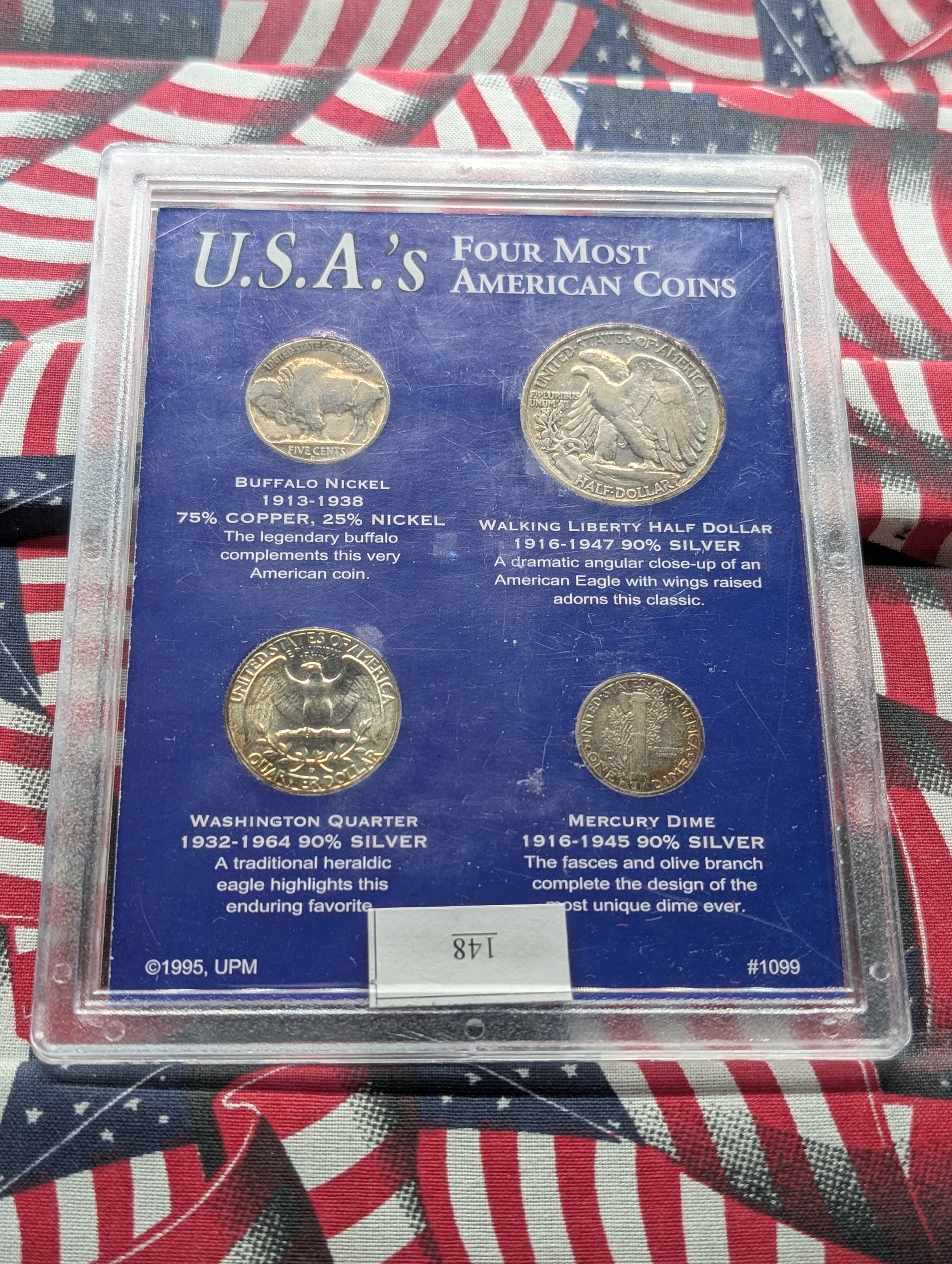 U.S.A.'s Four Most American Coins in Display - 1964-D Washington Silver Quarter, 1937-D Buffalo Nickel, 1943-D Mercury Silver Dime & 1946-S