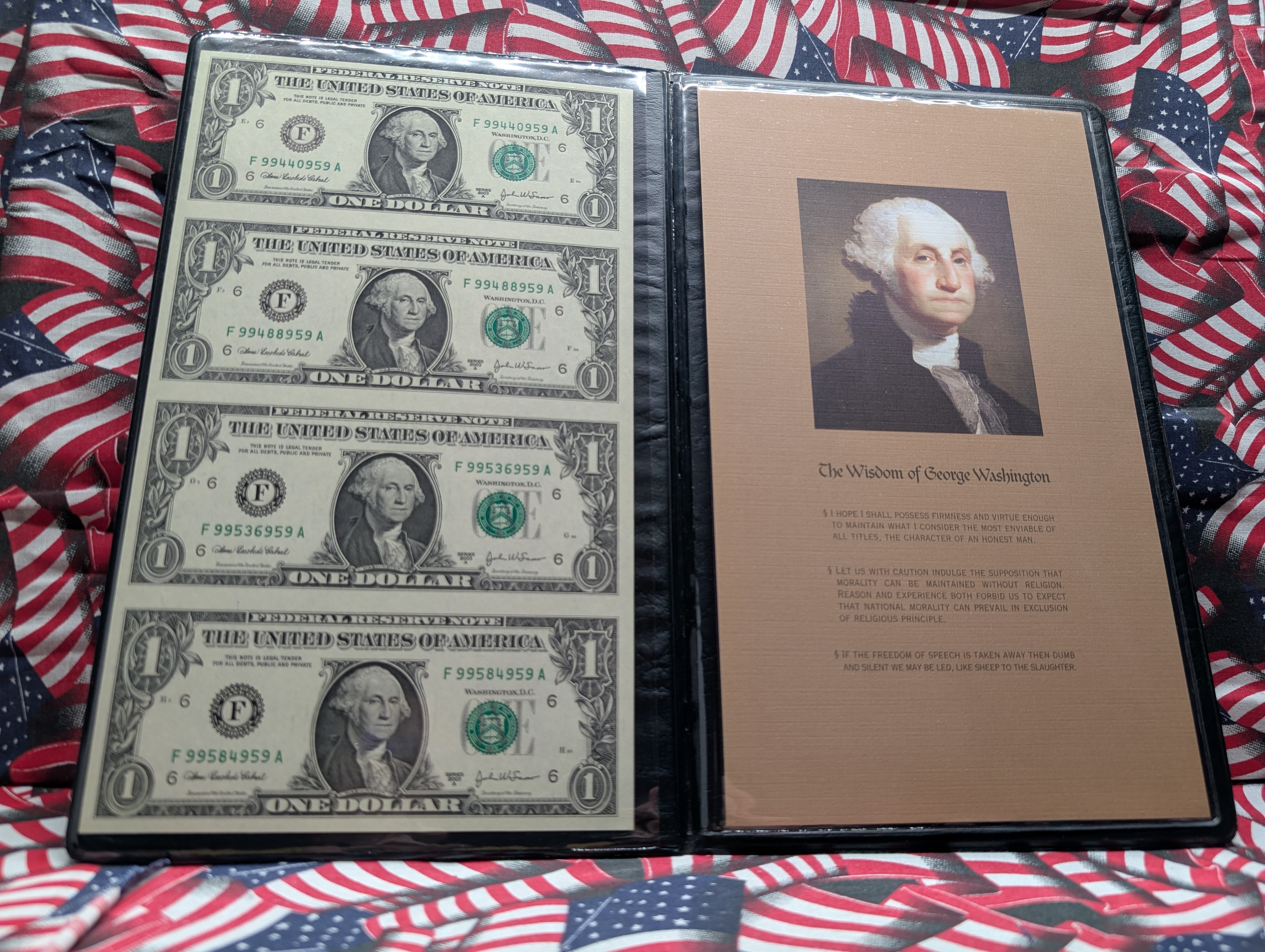 Sheet of 4 Uncut 2003 A Series $1.00 FRN Atlanta Notes in Display - The Wisdom of George Washington