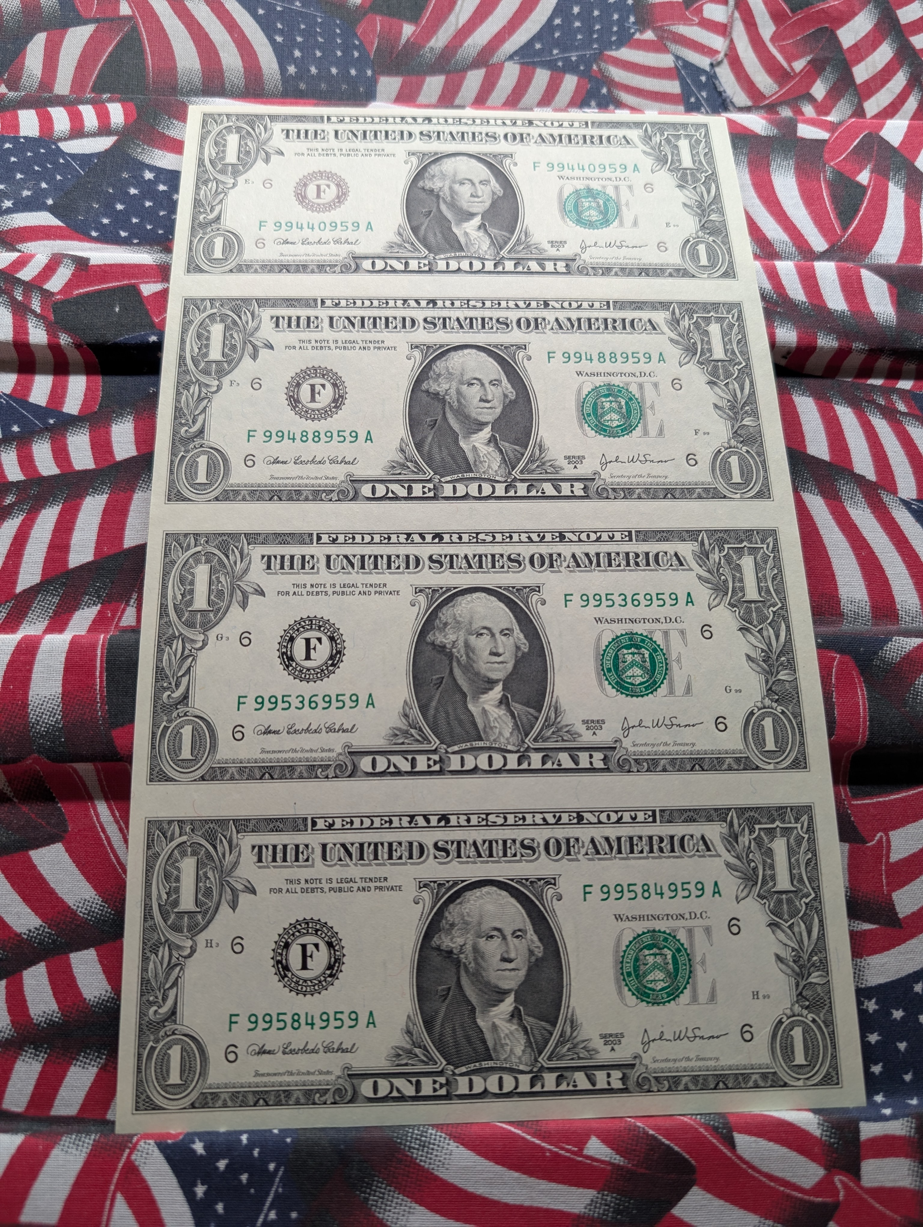 Sheet of 4 Uncut 2003 A Series $1.00 FRN Atlanta Notes in Display - The Wisdom of George Washington
