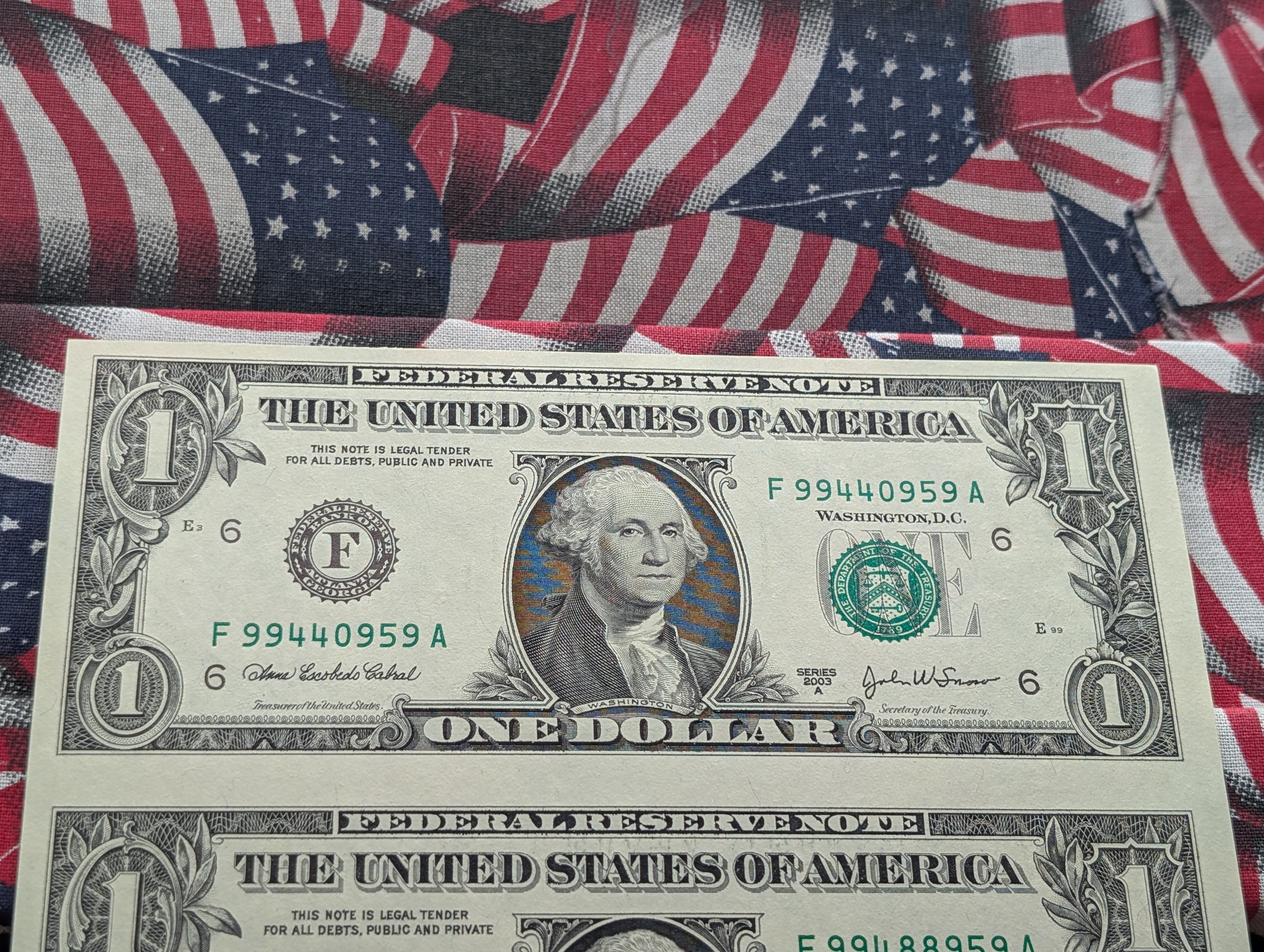 Sheet of 4 Uncut 2003 A Series $1.00 FRN Atlanta Notes in Display - The Wisdom of George Washington
