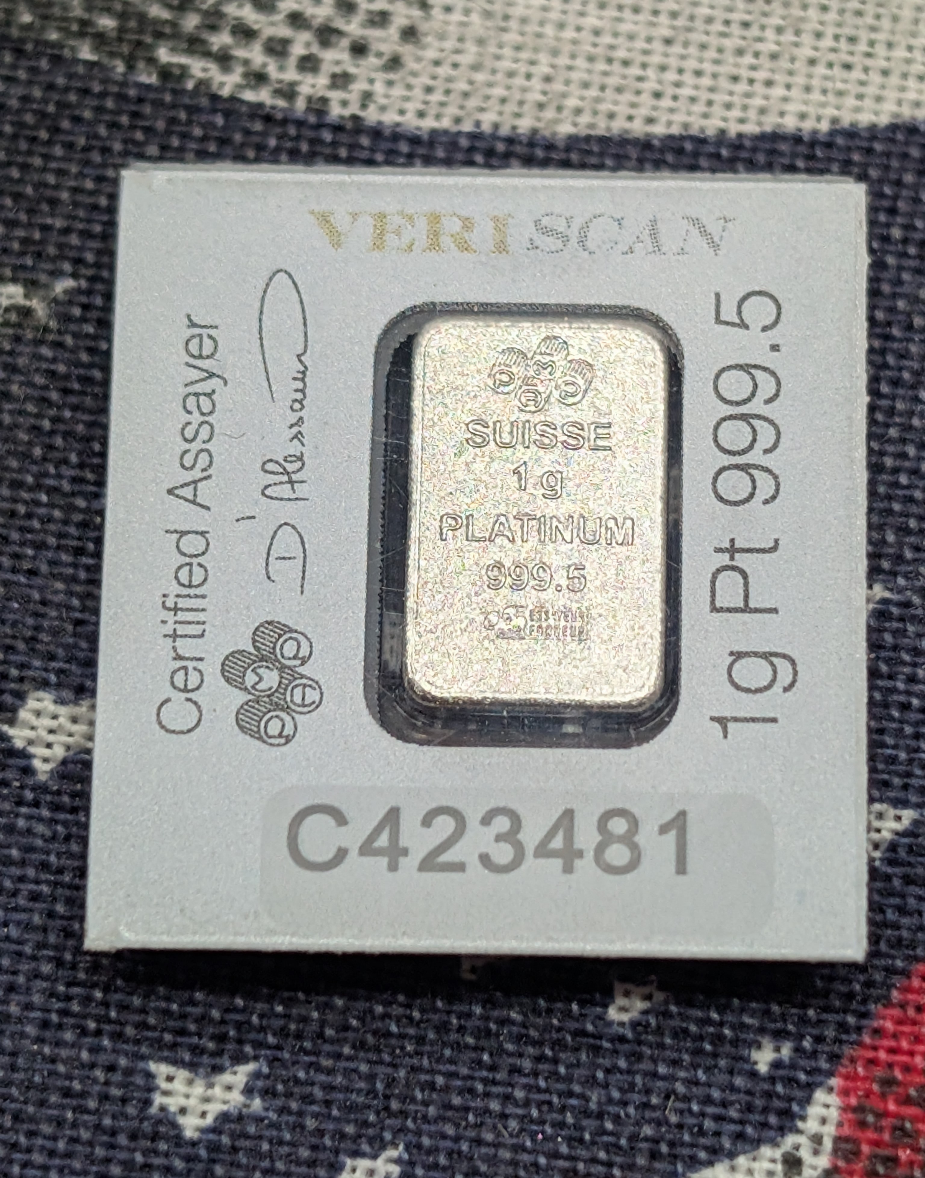 1 Gram .999 PURE PLATINUM Miniature Bullion Bar in Sealed PAMP Display w/ COA, Penny Pictured for Size Comparison