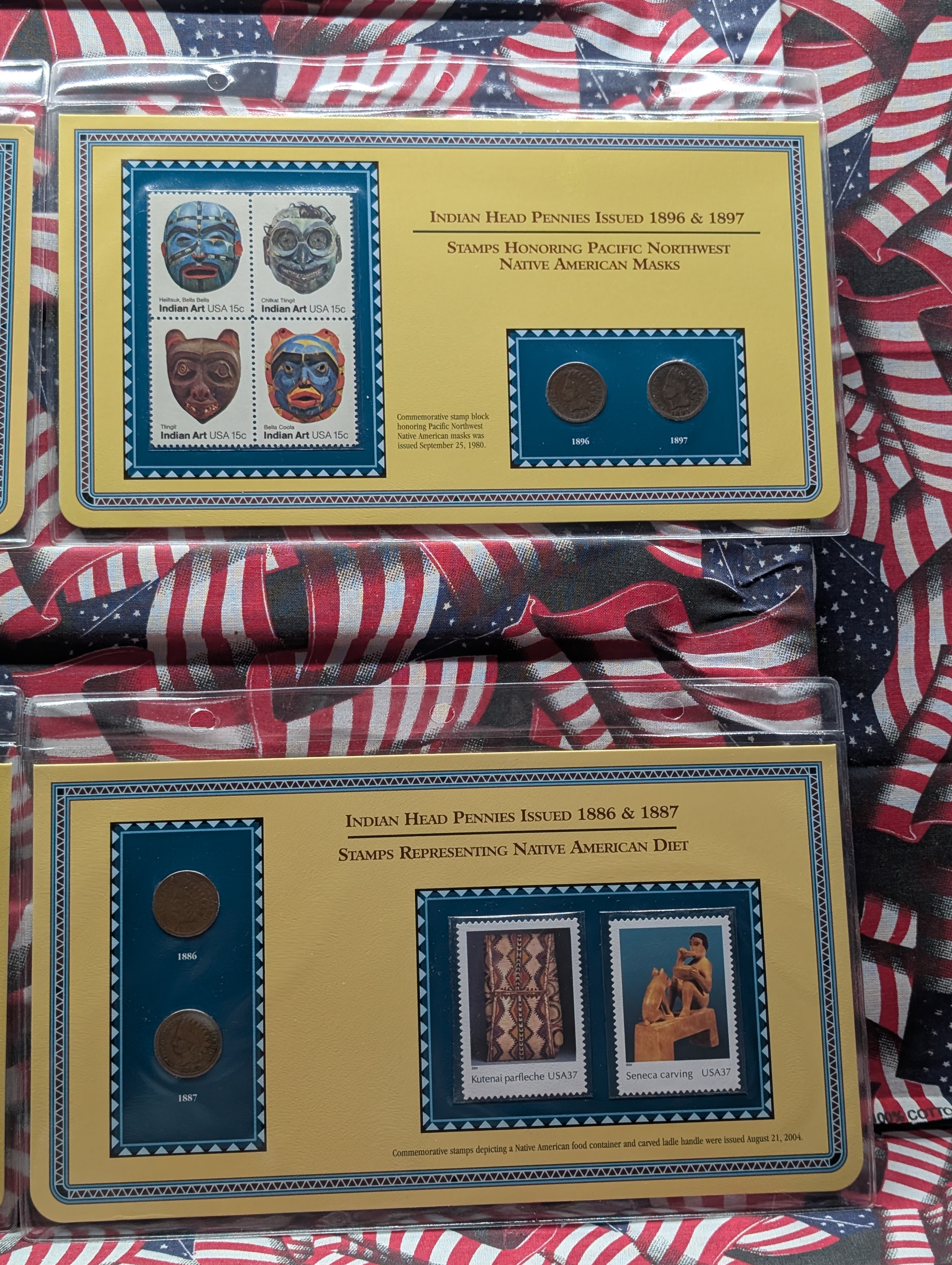 Indian Head Cent Collector Panels - Various Dated Indian Head Cents w/ Commemorative Stamps in Album - PCS Stamps & Coins (30 Coins & 30 Sta