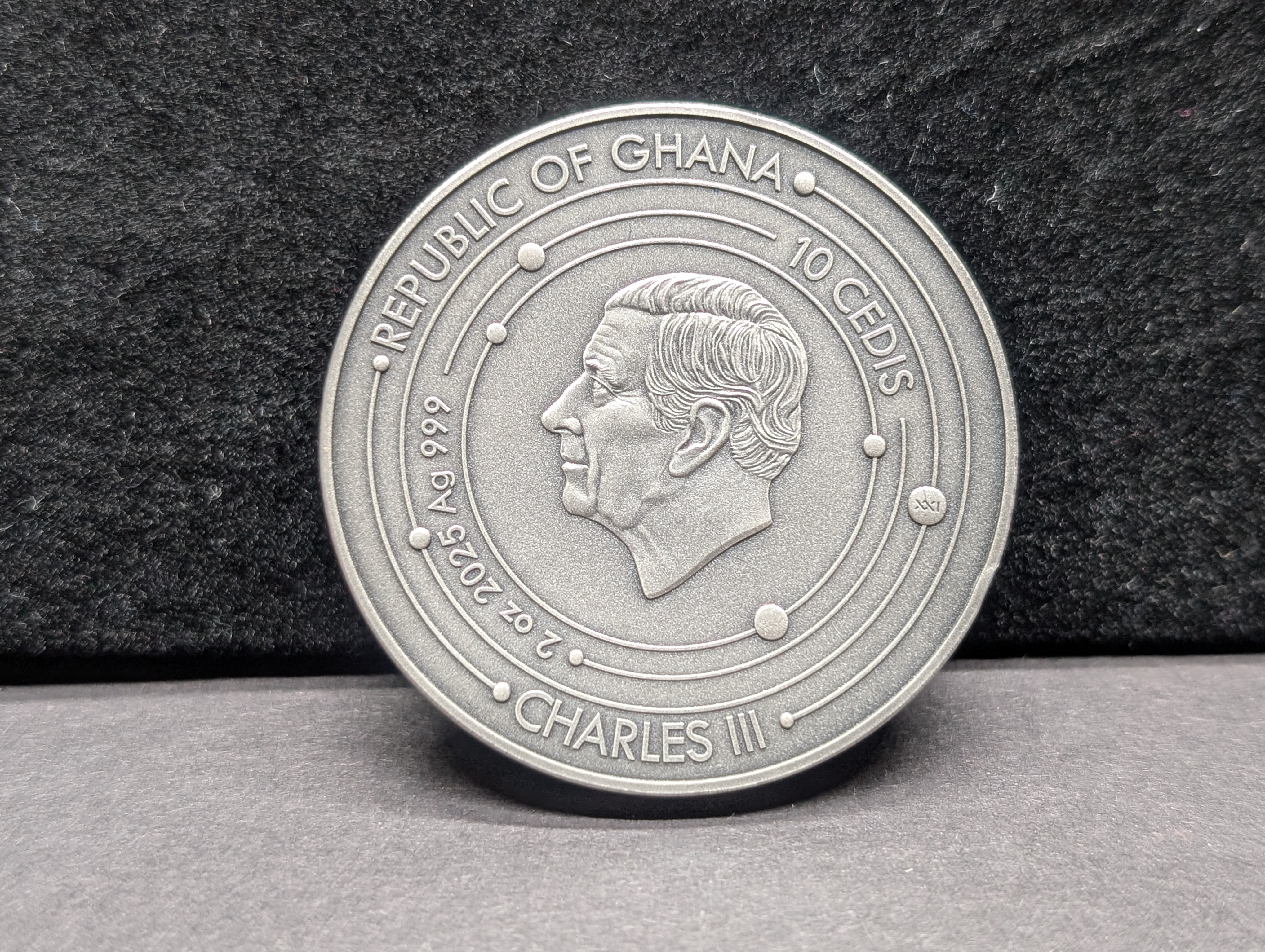 Limited Edition HIGH RELIEF Antique Finish Solar System 2 Oz. .999 FINE SILVER 2025 Republic of Ghana 10 Cedis Moon (Waxing Crescent) Coin i
