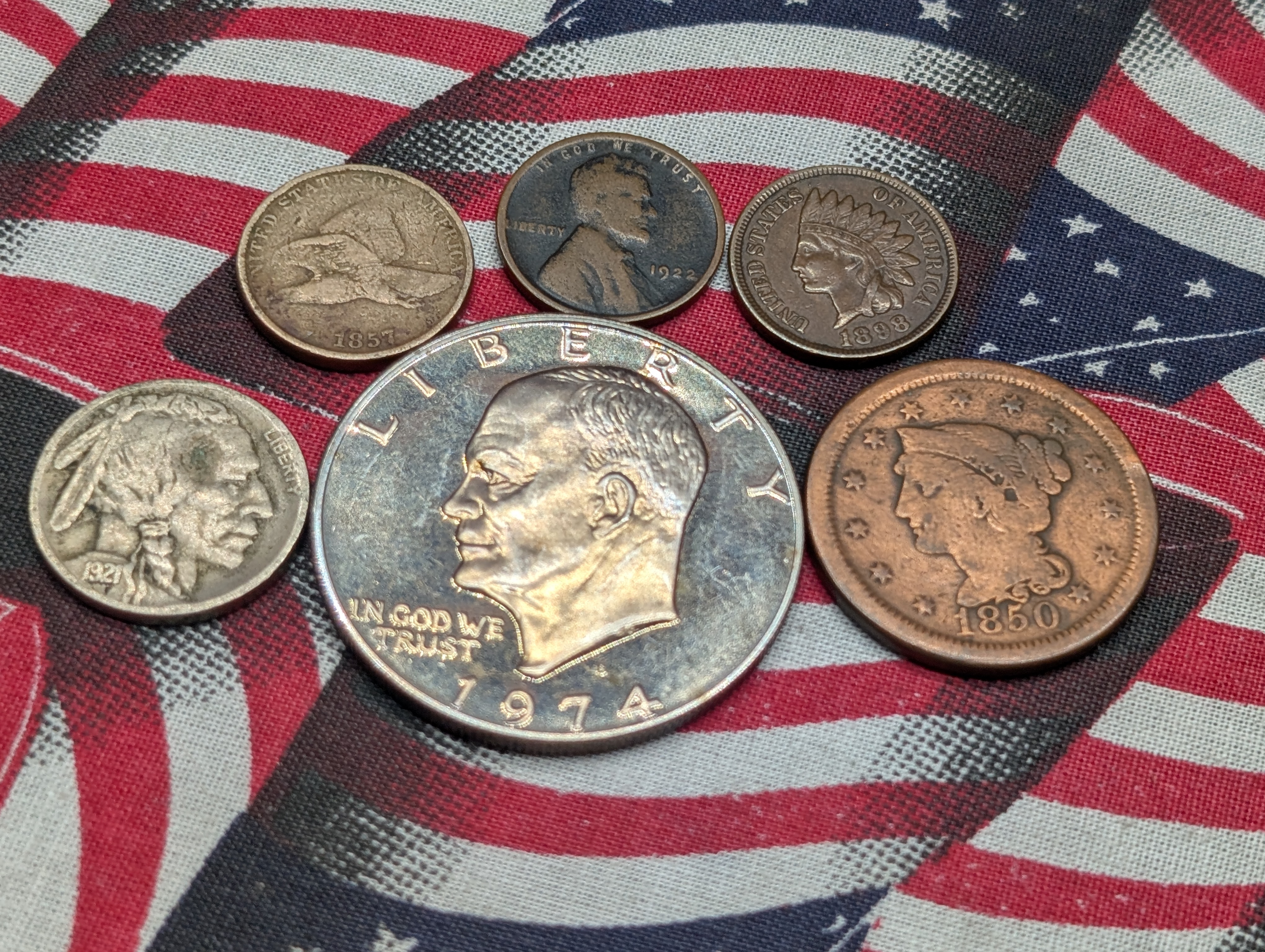 1850 Braided Hair Large Cent, 1857 Flying Eagle Cent, 1898 Indian Head Cent, 1921-P Indian Head Buffalo Nickel, 1922-D Lincoln Wheat Cent, &