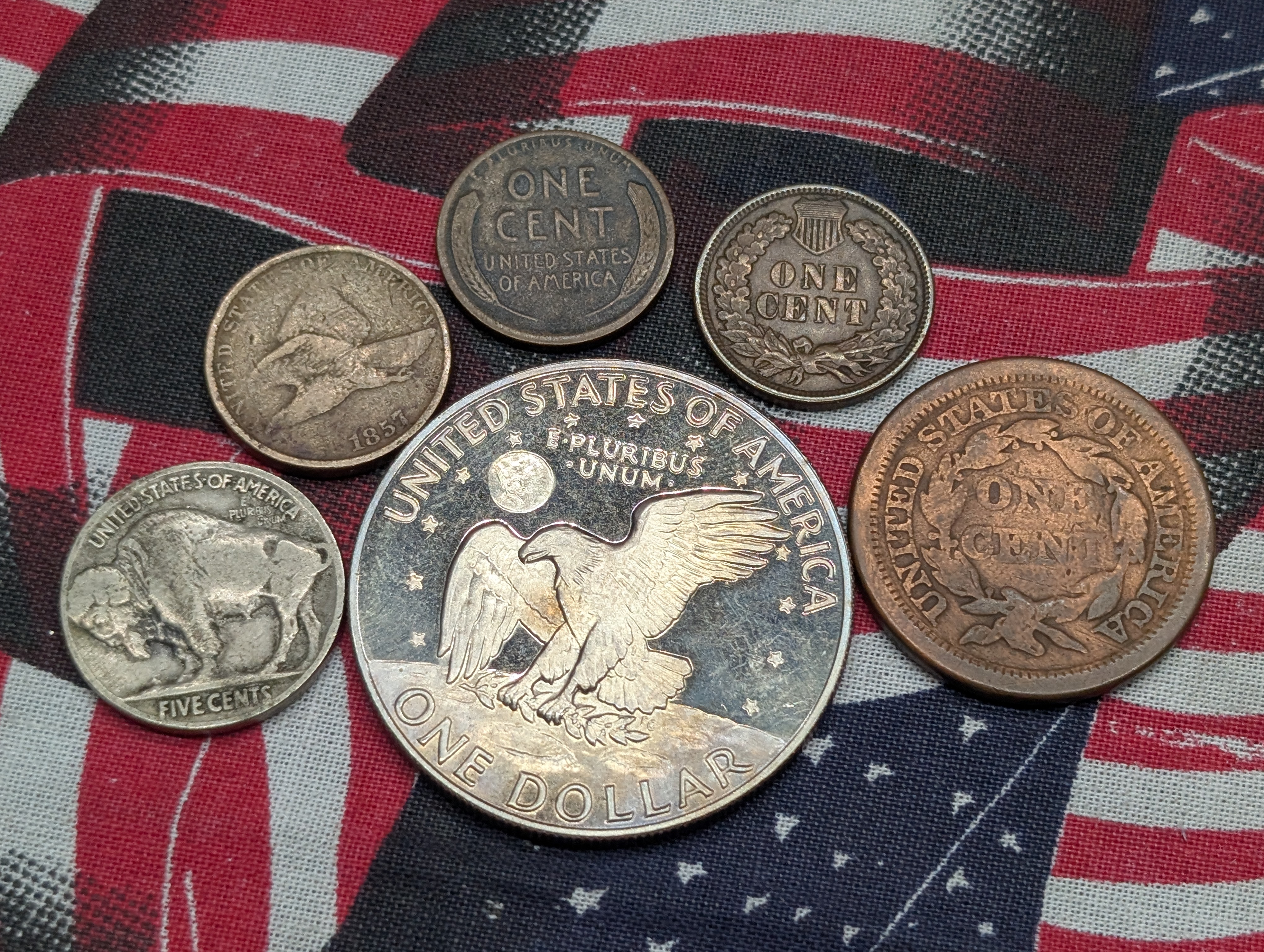 1850 Braided Hair Large Cent, 1857 Flying Eagle Cent, 1898 Indian Head Cent, 1921-P Indian Head Buffalo Nickel, 1922-D Lincoln Wheat Cent, &