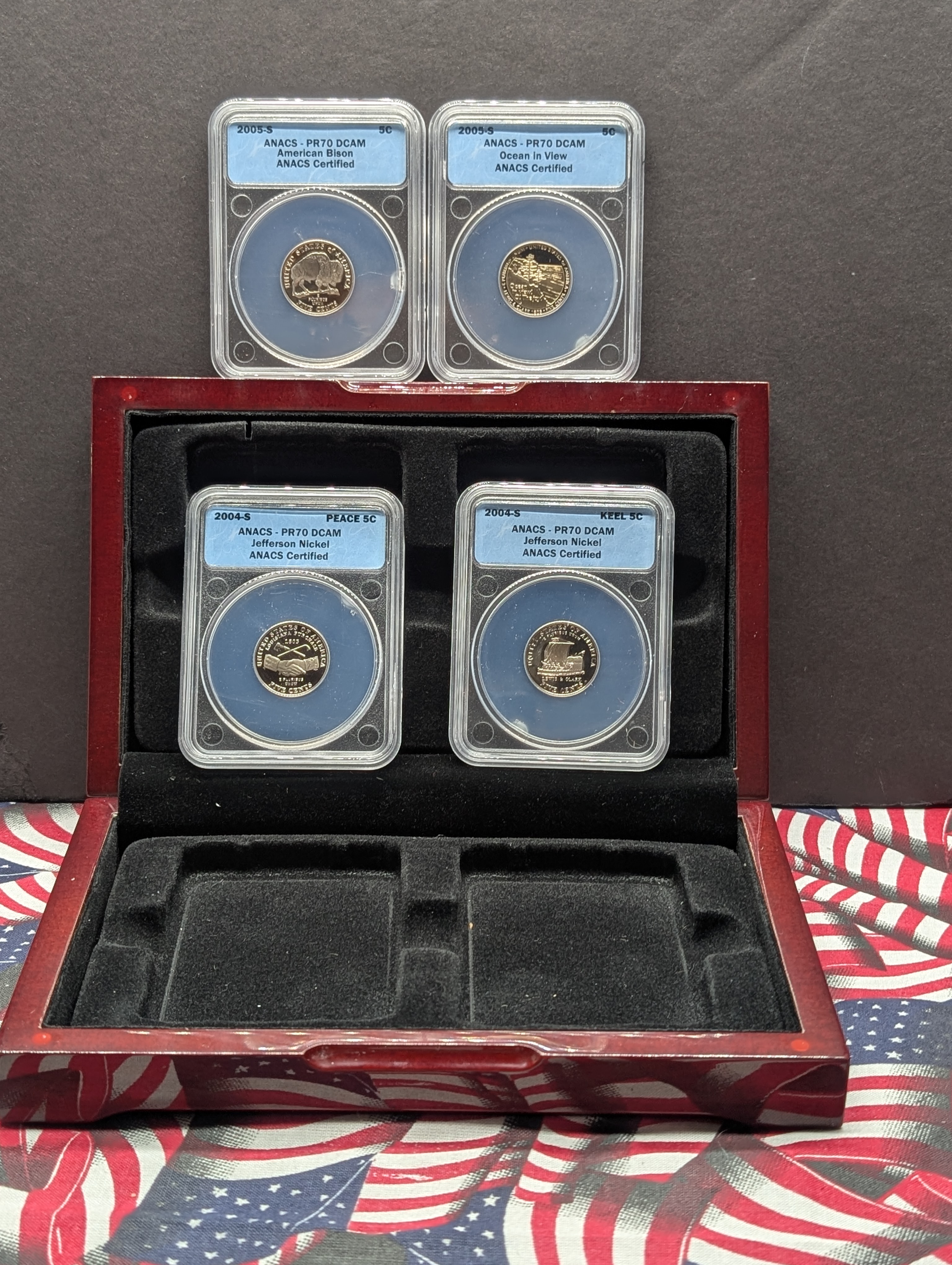 (4) 2004-S & 2005-S PROOF Jefferson Westward Journey Nickels - All ANACS Cert. PR70 DCAM (Keel Boat & Peace Medal, American Bison & Ocean in