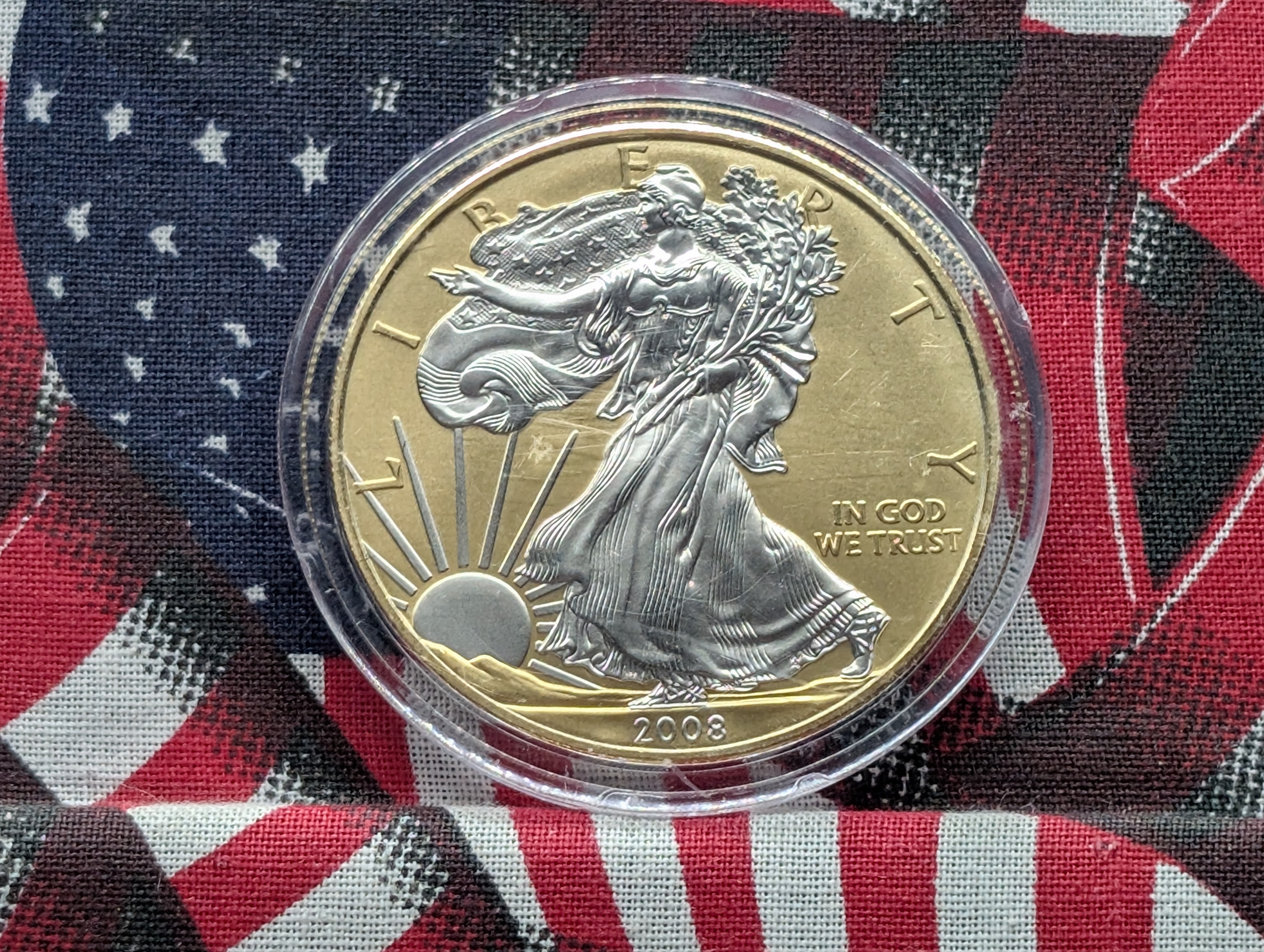 Gold (LAYERED) 2008 American Silver Eagle in Capsule, .999 Fine Silver One Troy Ounce