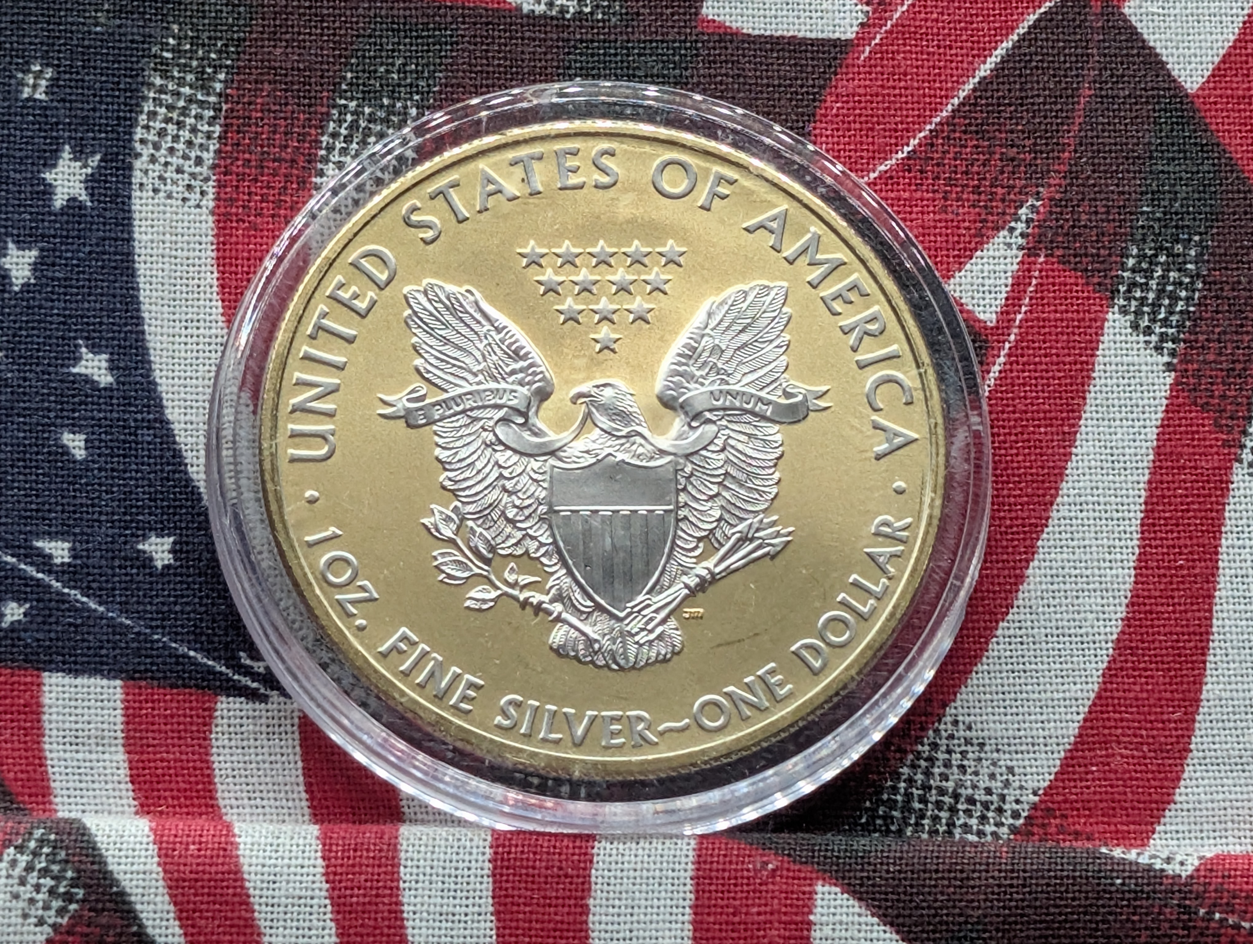 Gold (LAYERED) 2008 American Silver Eagle in Capsule, .999 Fine Silver One Troy Ounce