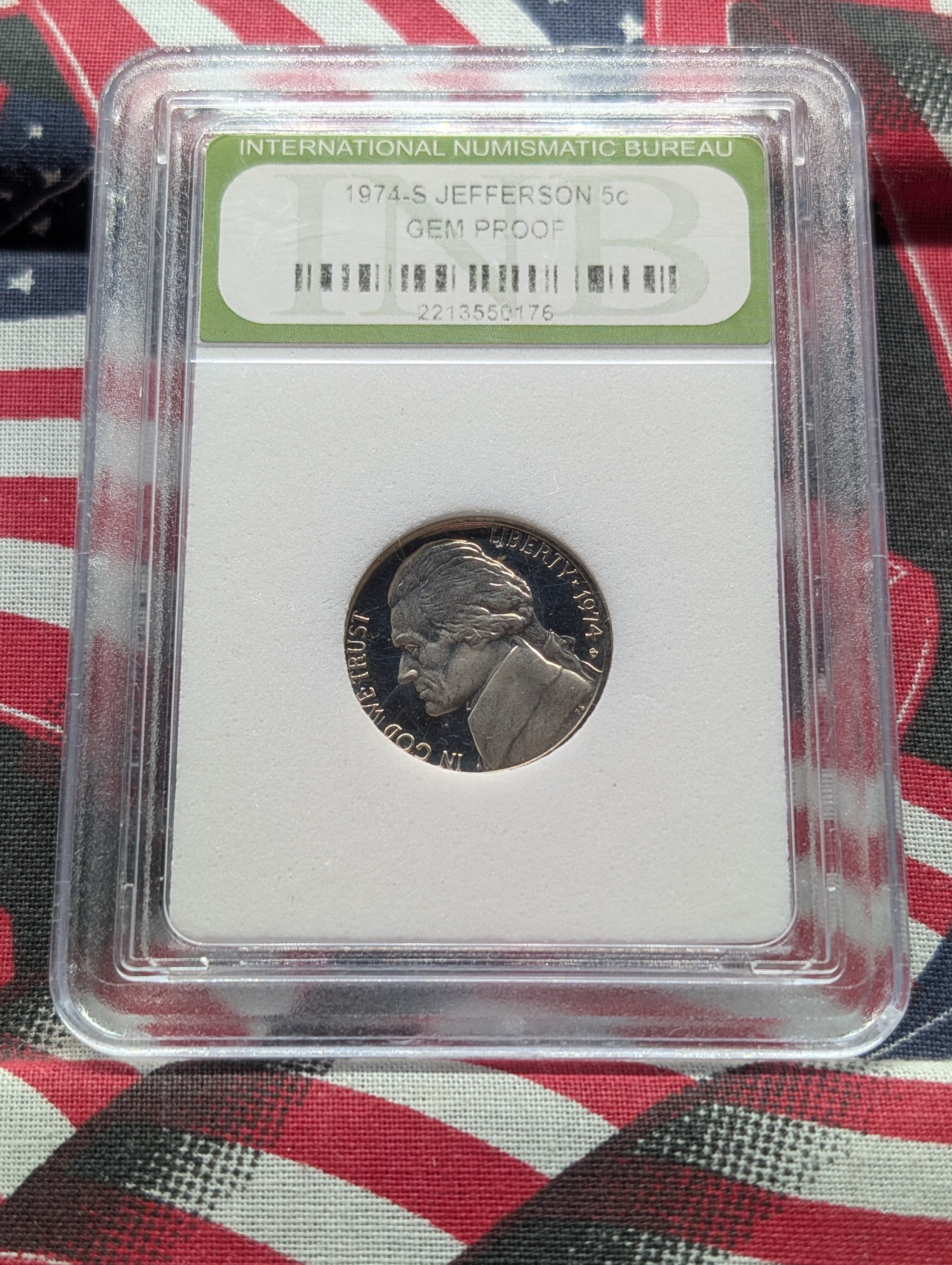 1974-S Jefferson Nickel - Slabbed International Numismatic Bureau - GEM PROOF