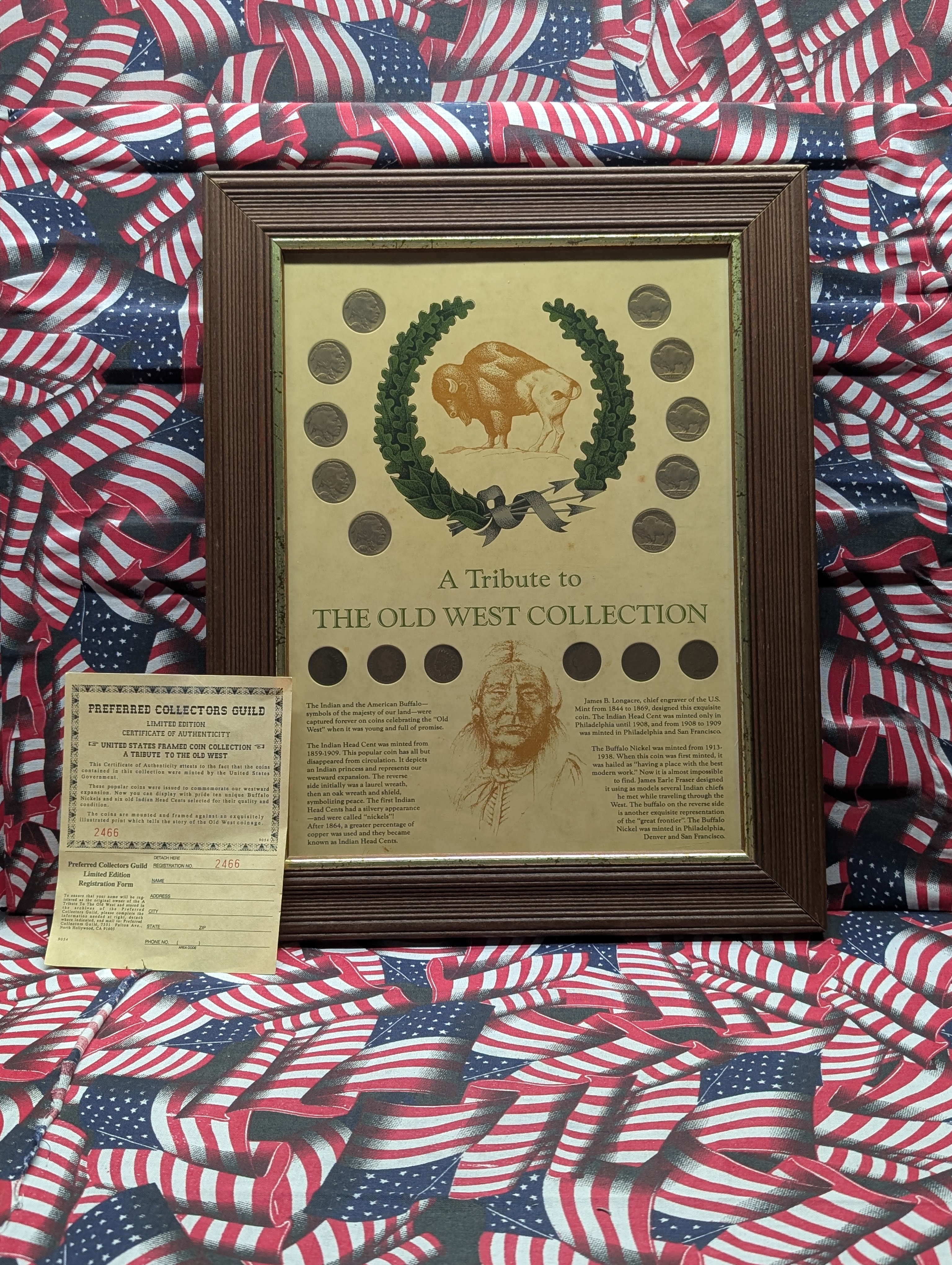 A Tribute to The Old West Coin Collection in Display Frame w/ COA - Various Dated Indian Head Cents & Buffalo Nickels