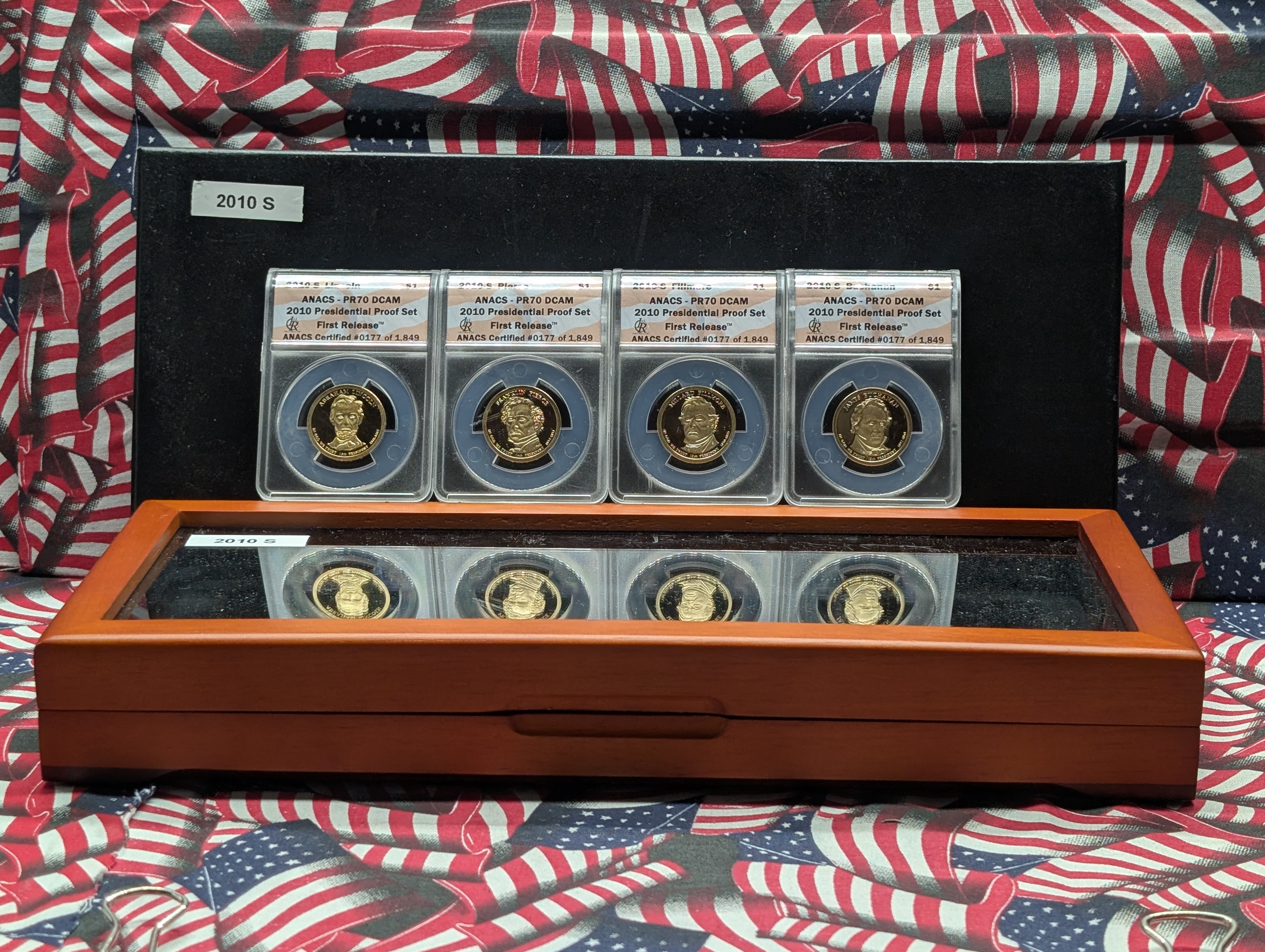 (4) 2010-S PROOF Presidential Dollars - All ANACS Cert. PR70 DCAM - First Release (Fillmore, Pierce, Buchanan & Lincoln) in Wooden Display B
