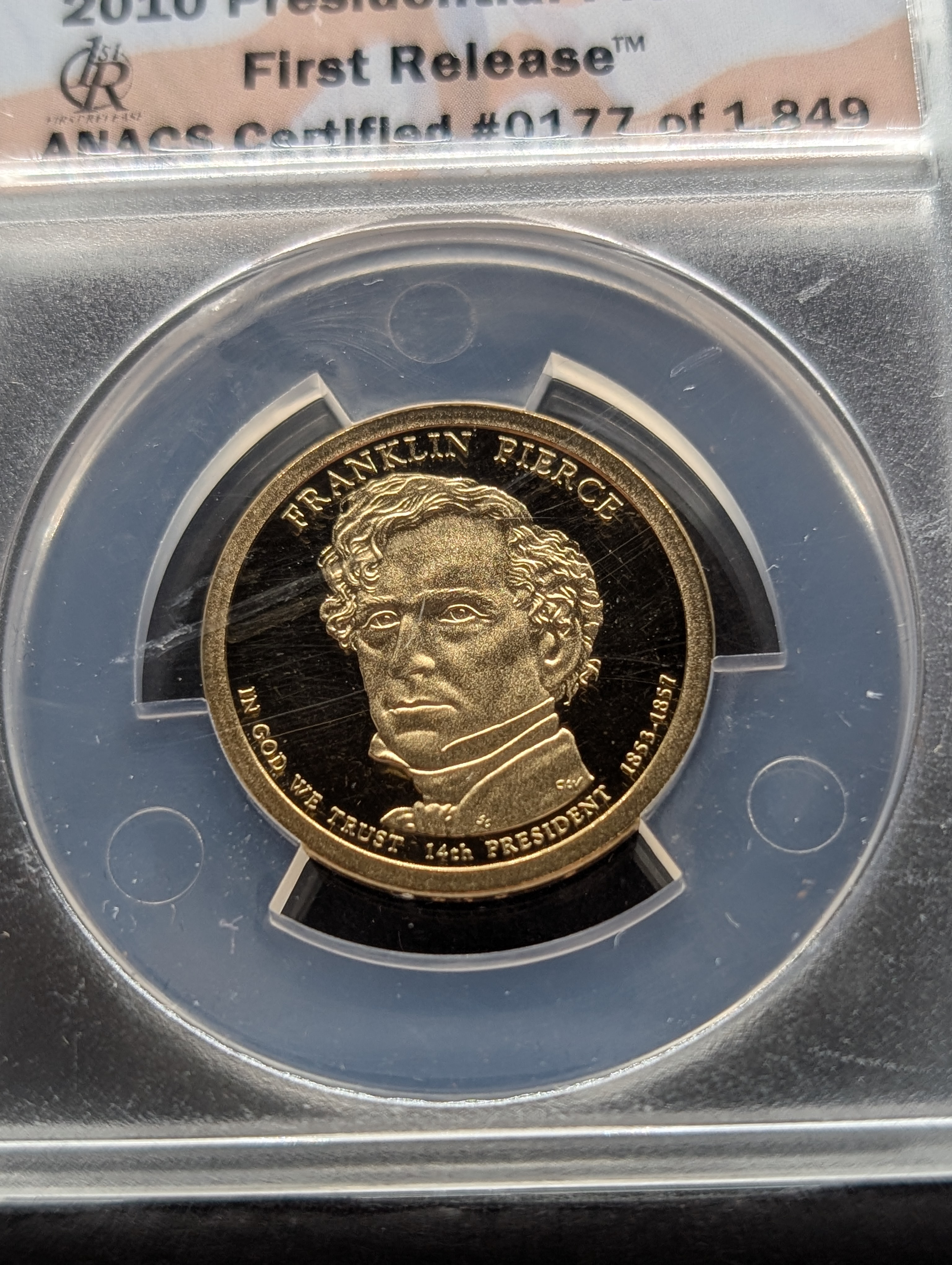 (4) 2010-S PROOF Presidential Dollars - All ANACS Cert. PR70 DCAM - First Release (Fillmore, Pierce, Buchanan & Lincoln) in Wooden Display B