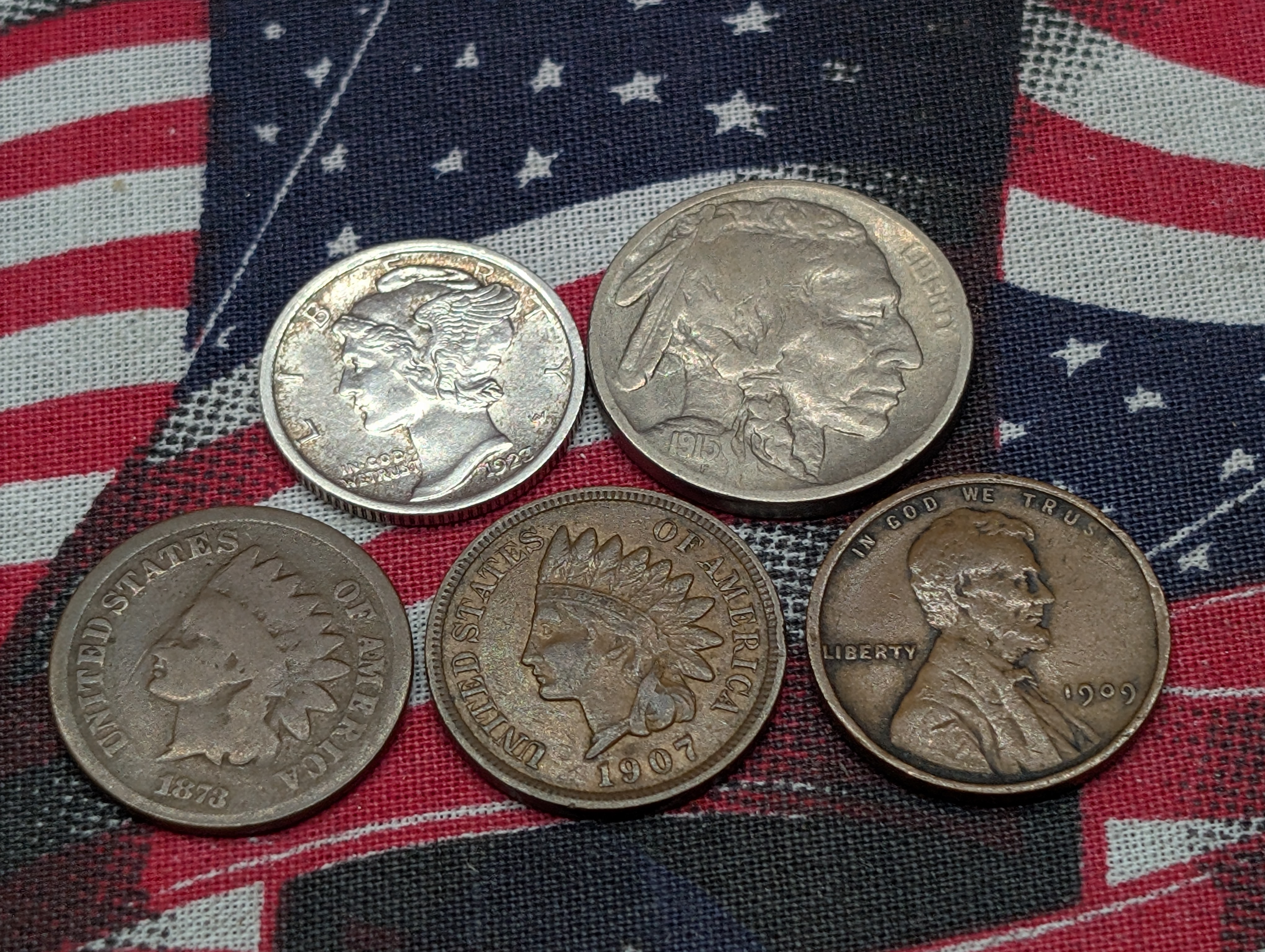 1873 Indian Head Cent, 1907 Indian Head Cent, 1909 Lincoln Wheat Cent, 1915 Indian Head Buffalo Nickel, & 1923 Mercury 90% Silver Dime