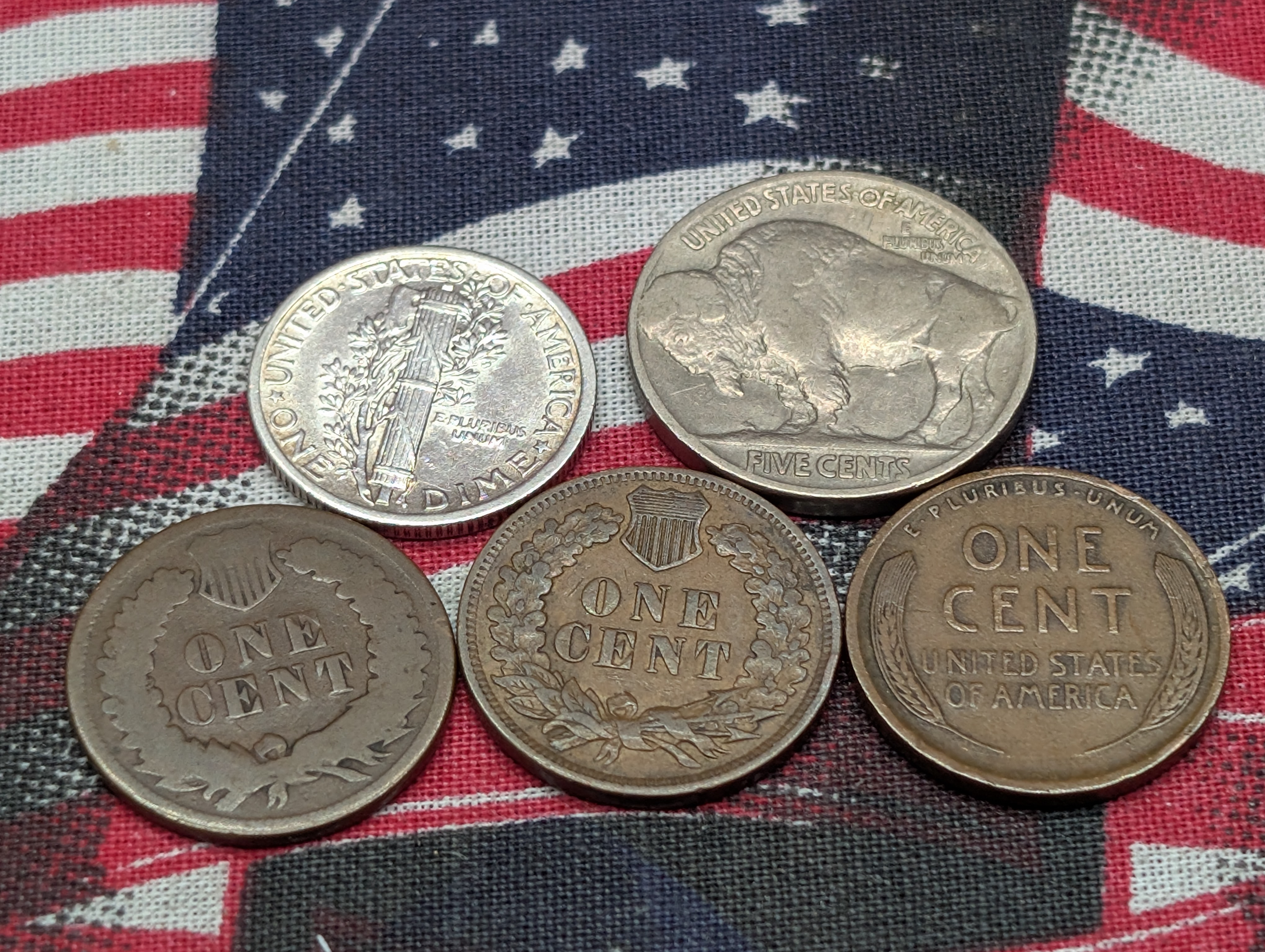 1873 Indian Head Cent, 1907 Indian Head Cent, 1909 Lincoln Wheat Cent, 1915 Indian Head Buffalo Nickel, & 1923 Mercury 90% Silver Dime