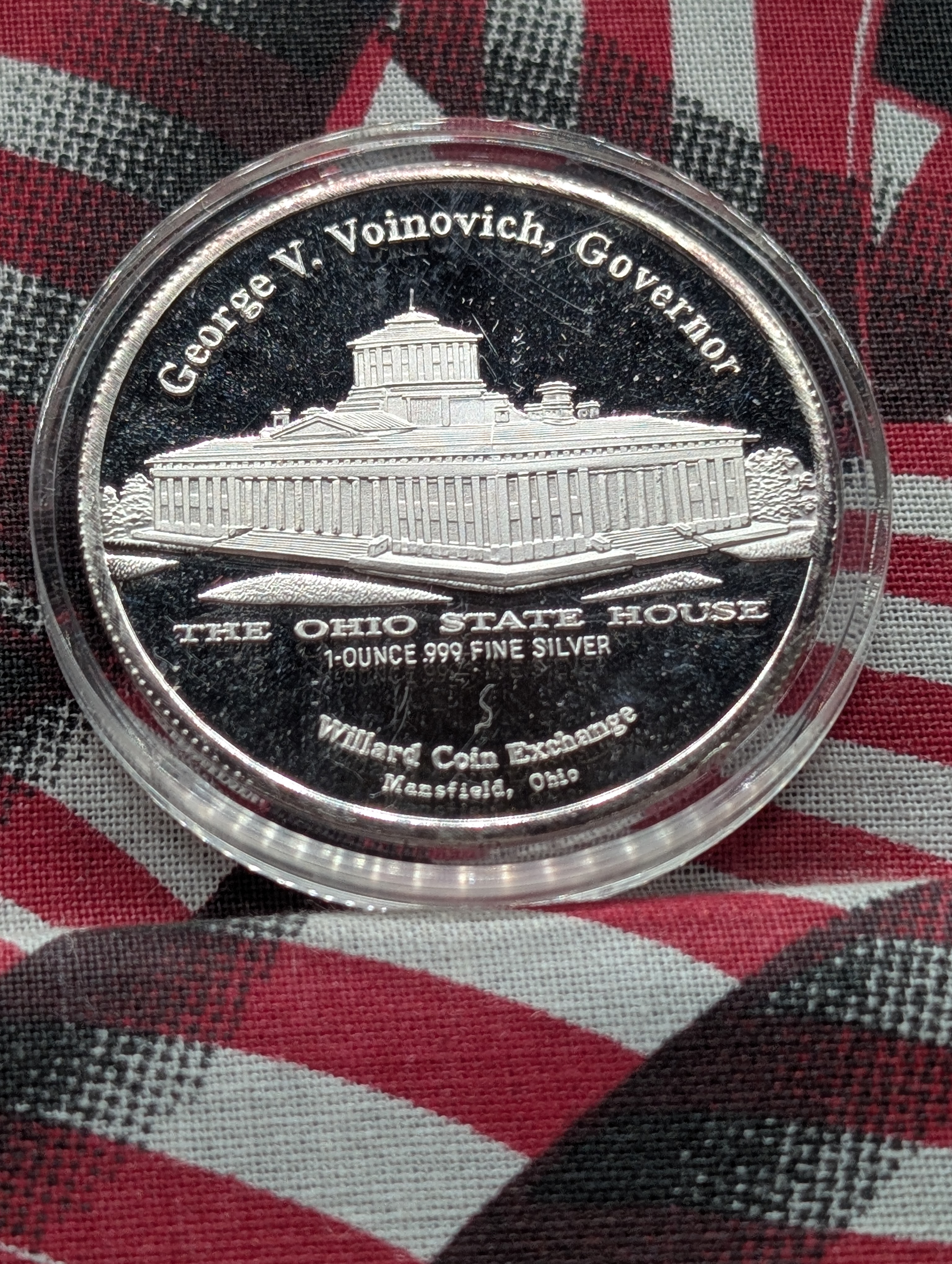 1 Oz. .999 FINE SILVER 1995 Ohio State Fair - Governor George V. Voinovich & The State House Designed Round in Capsule