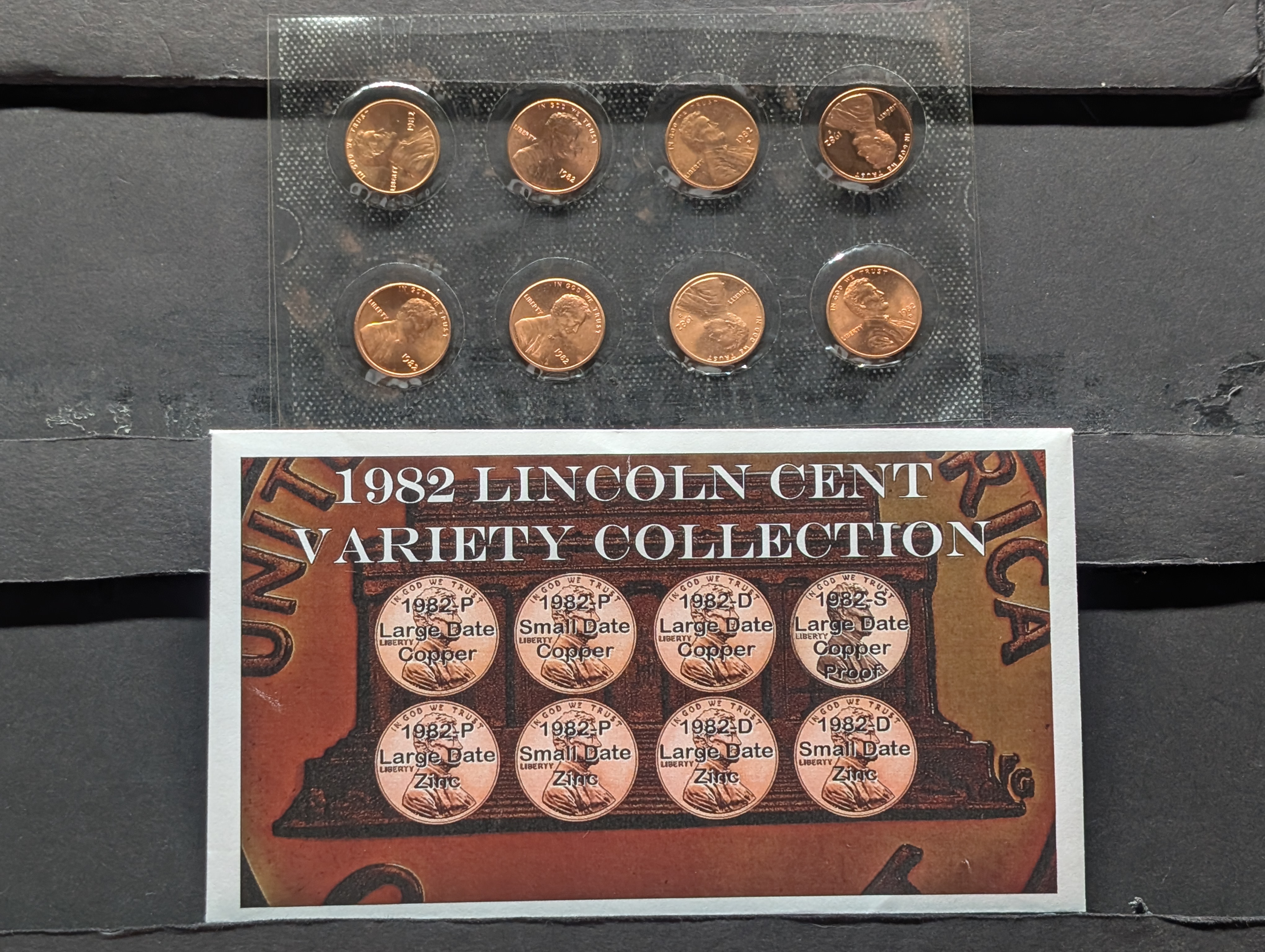 1982 Lincoln Cent 8- Coin Variety Collection - Copper, Zinc & Proof