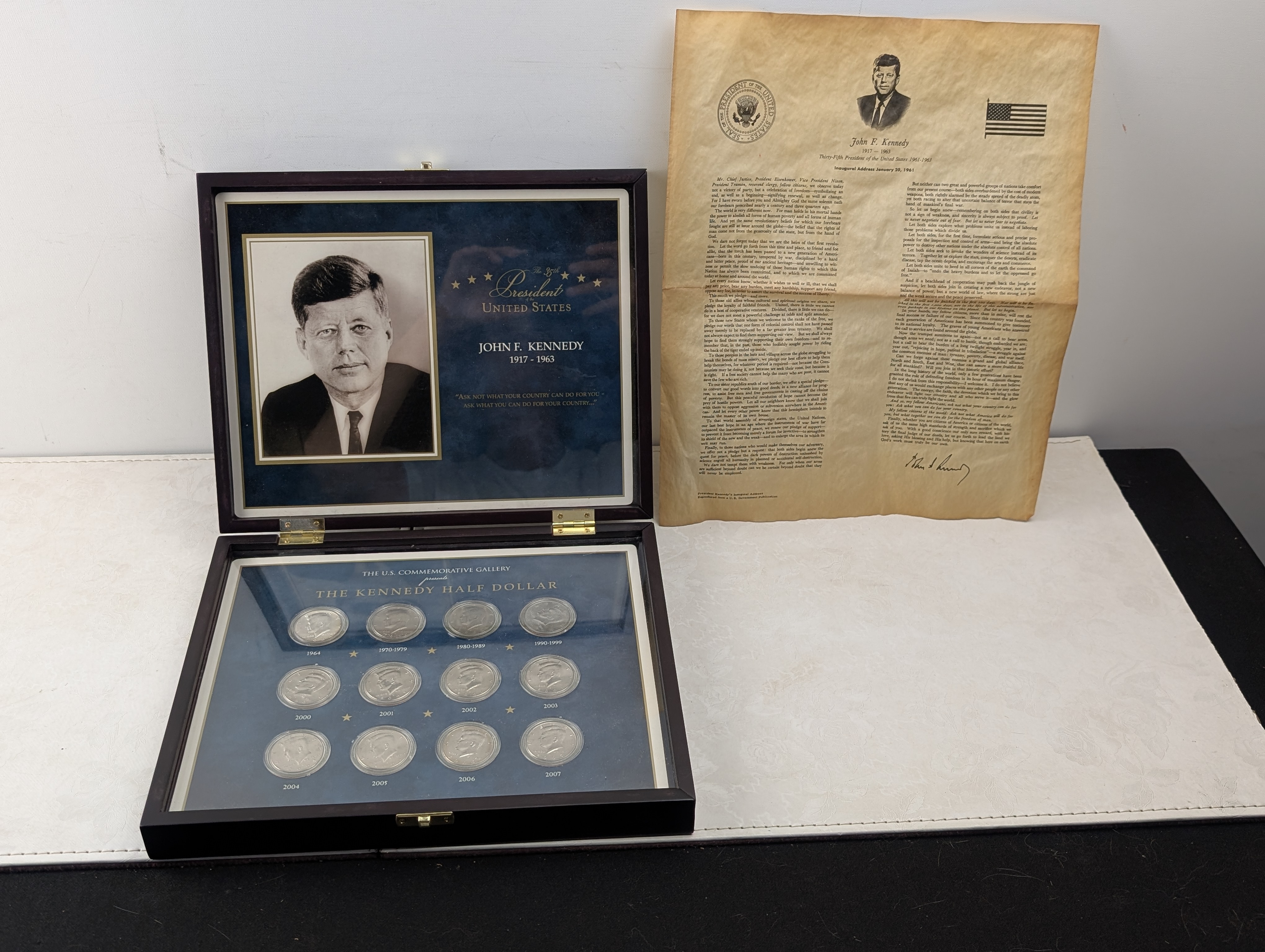 The Kennedy Half Dollar Collection in Wooden Display Box w/ Copy of January 20, 1961 Inaugural Address (1964-2007 - Latch Broken)