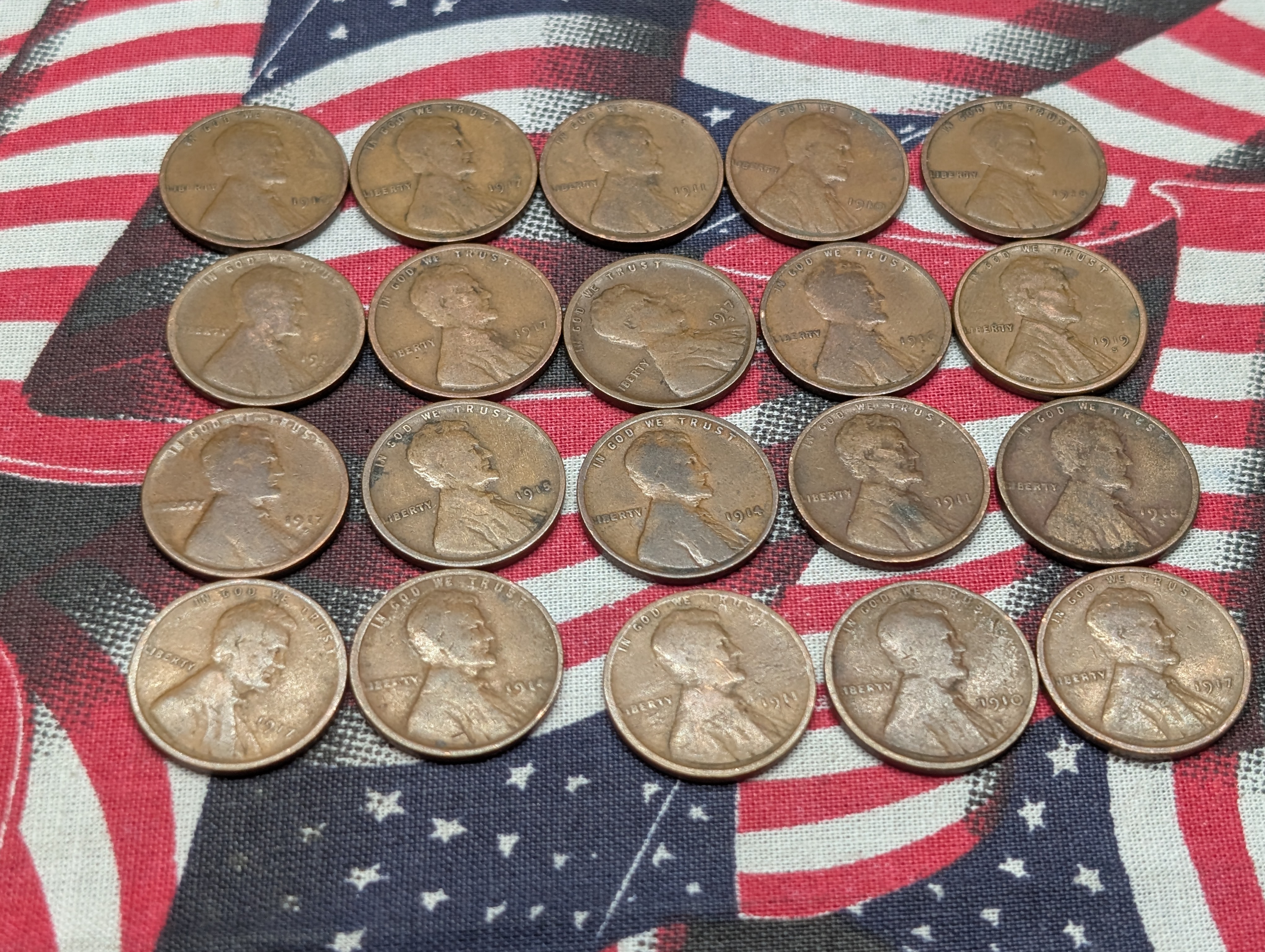 (20) Various 1910's & Teens Lincoln Wheat Cents