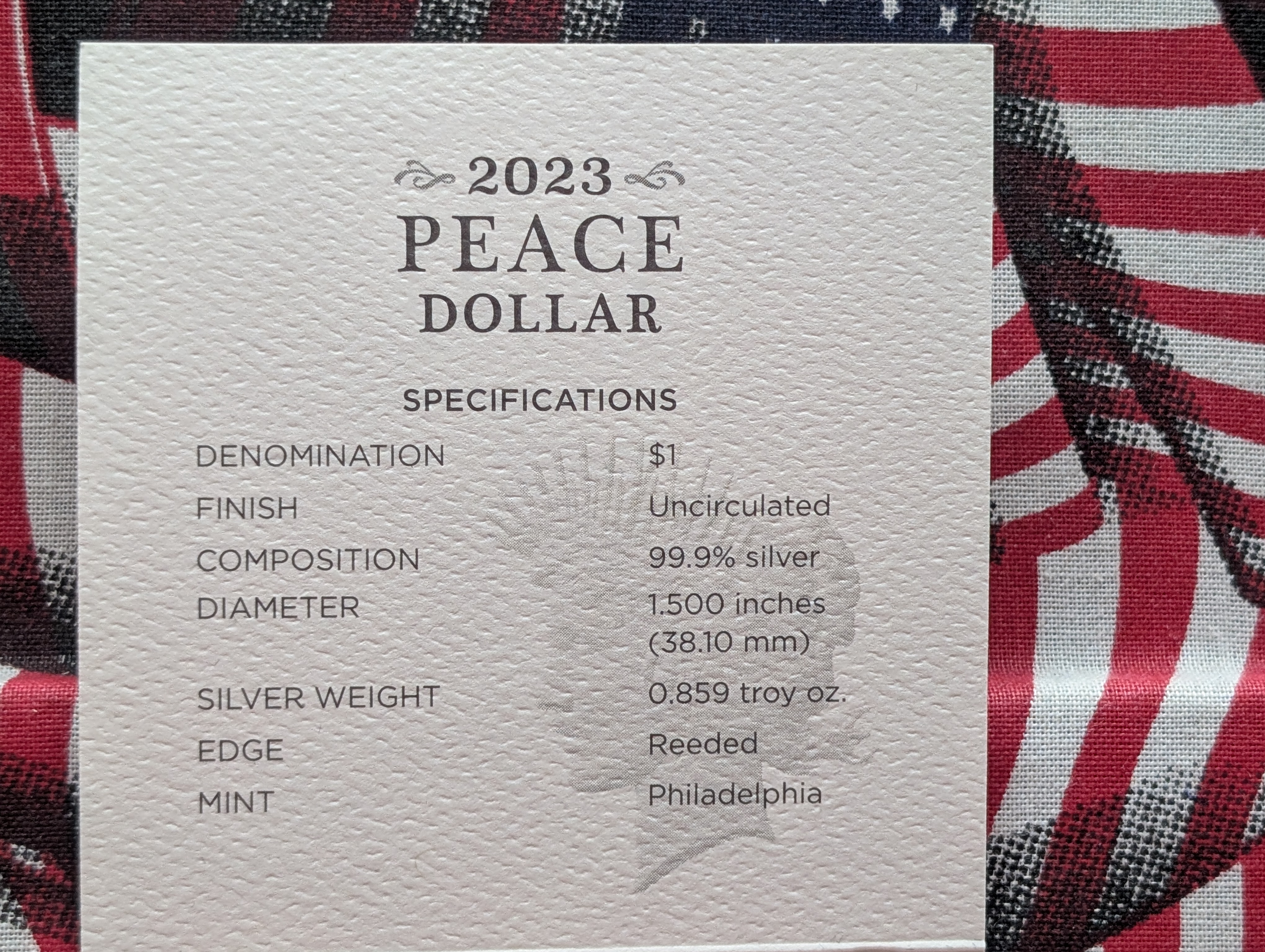 2023-P UNC Peace Silver Dollar 99.9% Silver 0.859 Troy Ounce in OGP w/ COA