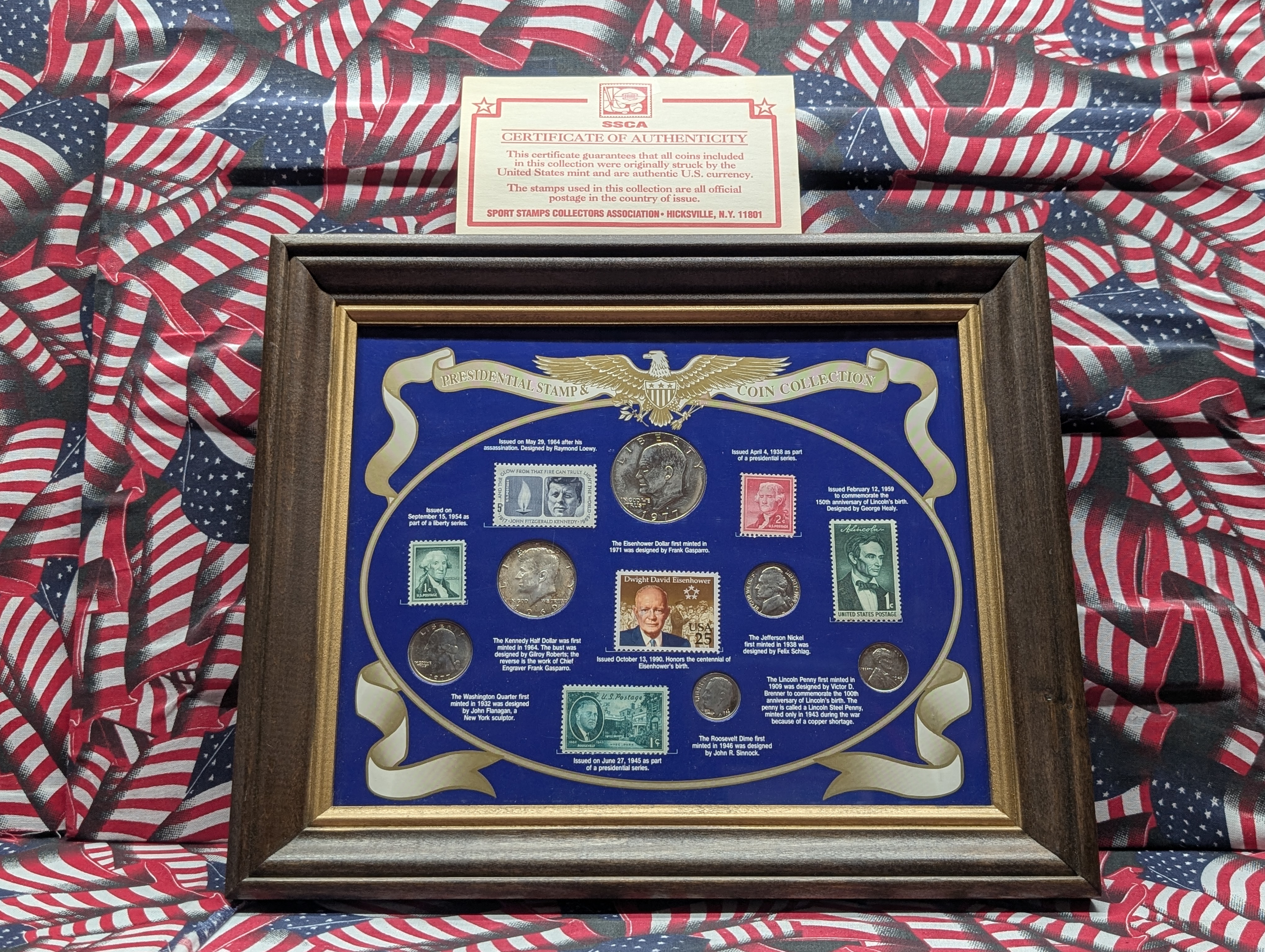 1960's & 1970's Presidential Stamp & Coin Collection in Display Frame w/ COA - Includes Silver Half Dollar