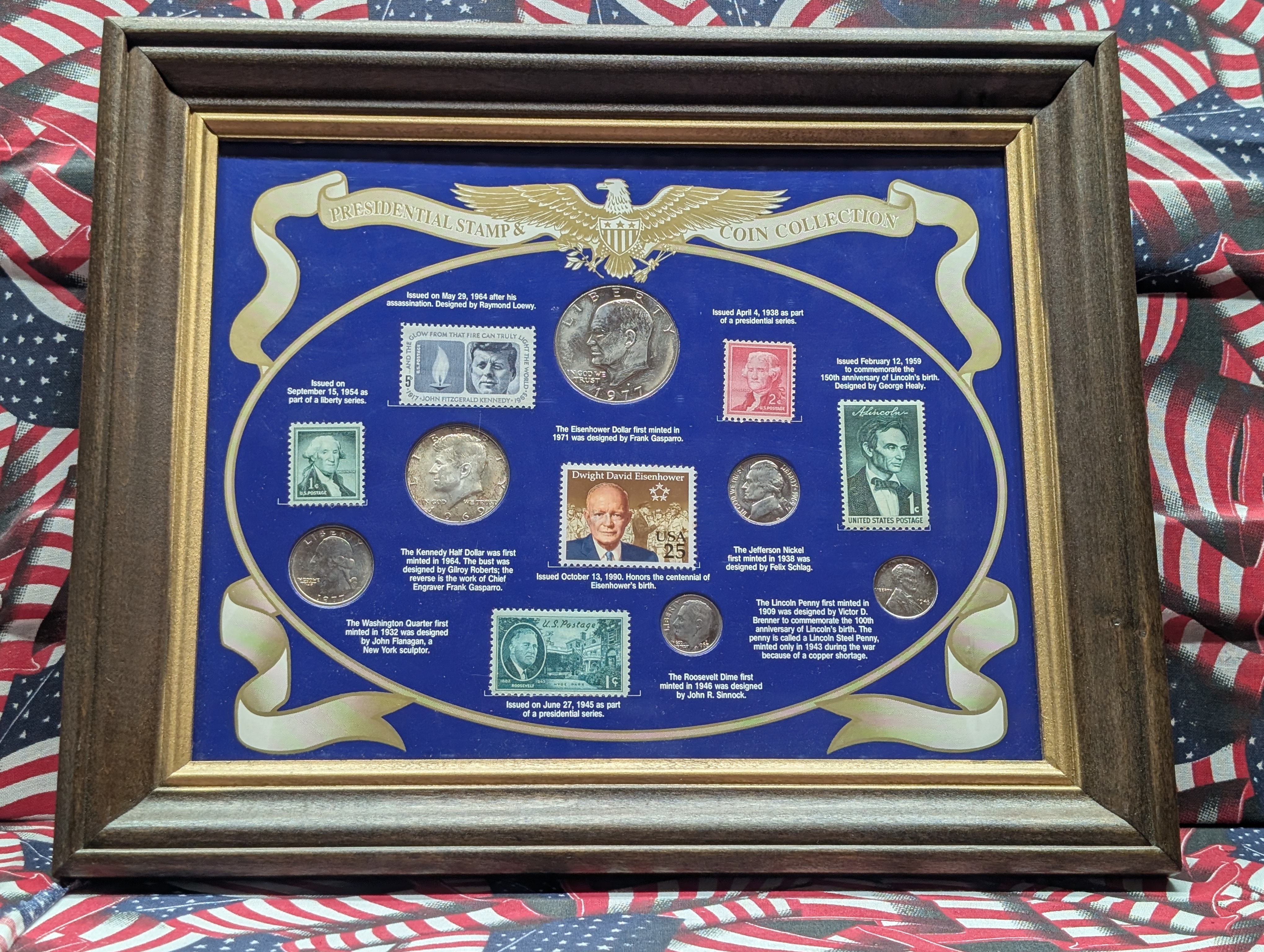 1960's & 1970's Presidential Stamp & Coin Collection in Display Frame w/ COA - Includes Silver Half Dollar